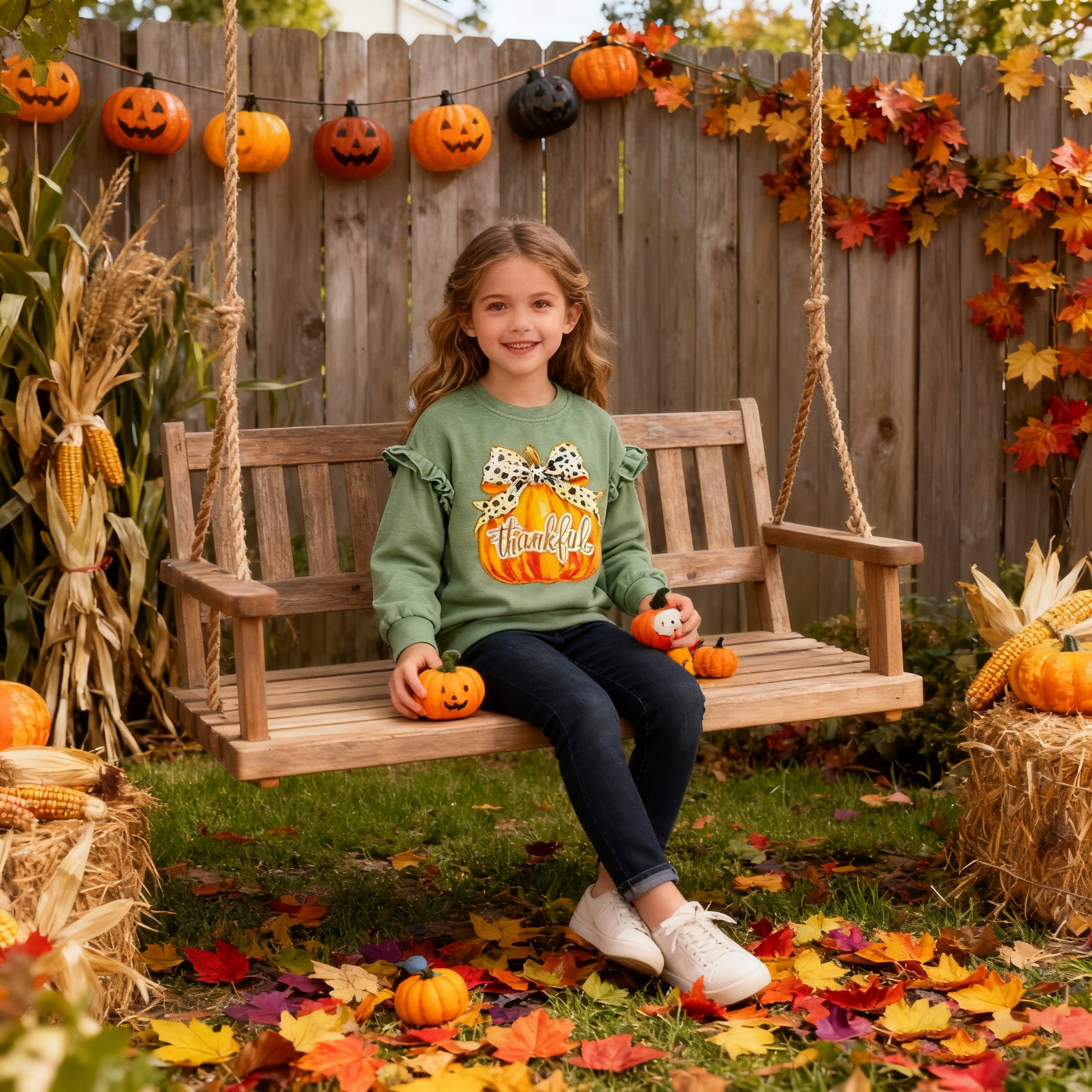 （In Stock）Girls Thanksgiving Pumpkin Print Top