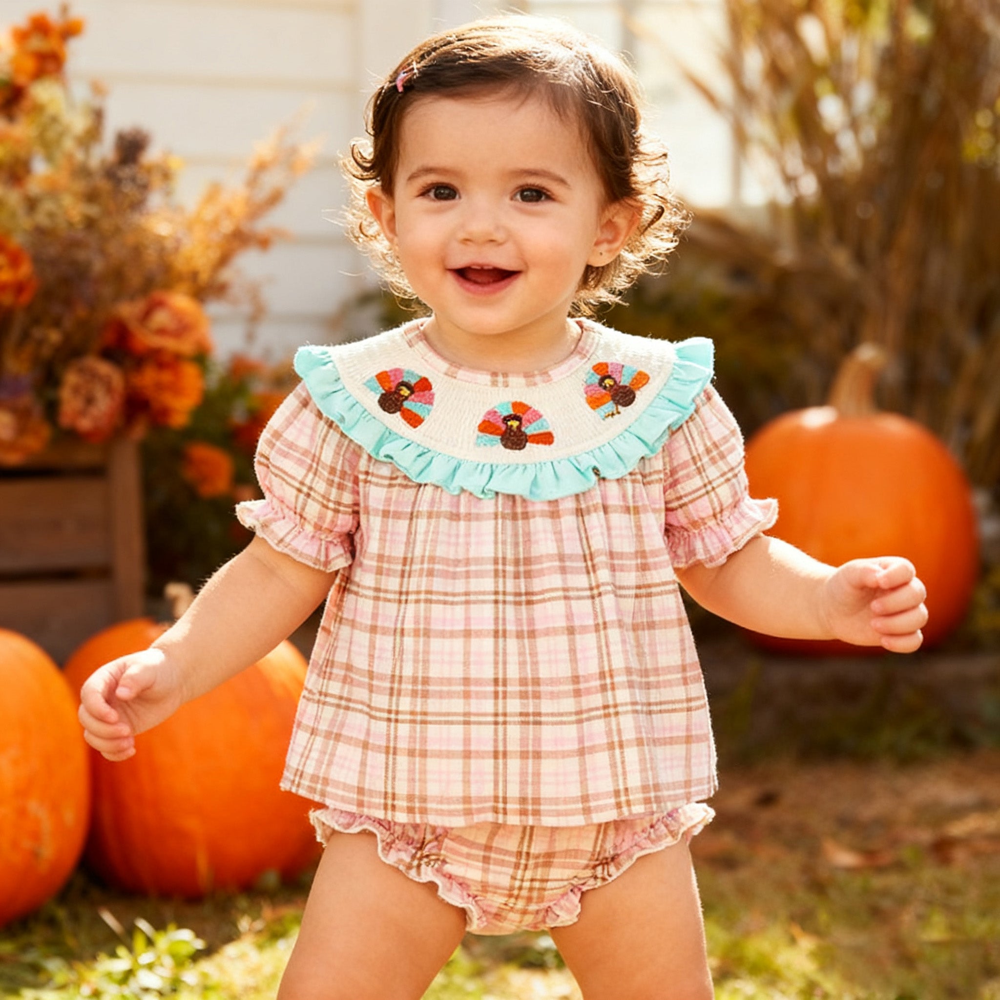 （In Stock）Toddler Girls Thanksgiving Turkey Embroidery Smocked Bloomer Set