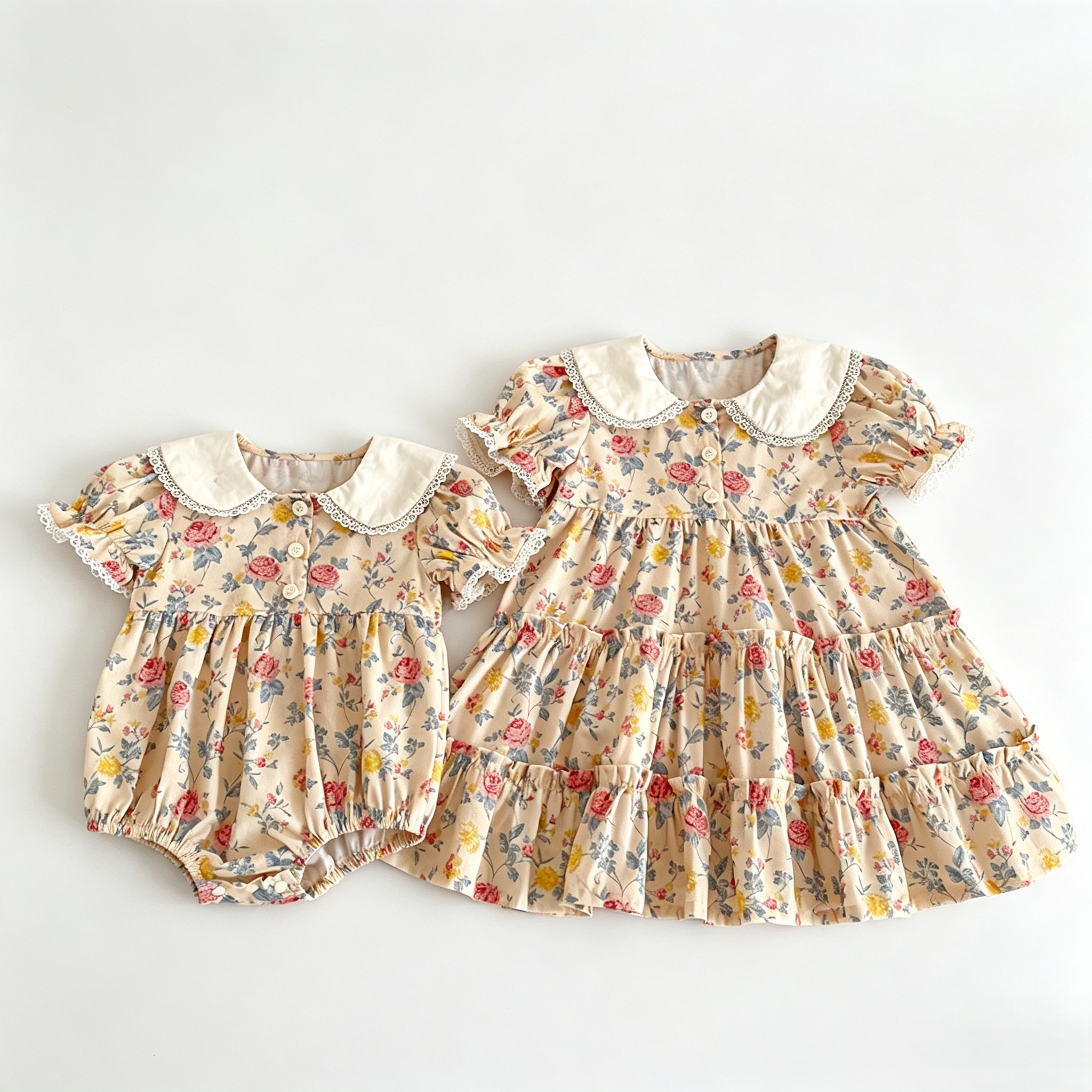 （Pre Order 2 Weeks）Sisters Floral Print Baby Collar Dress&Romper