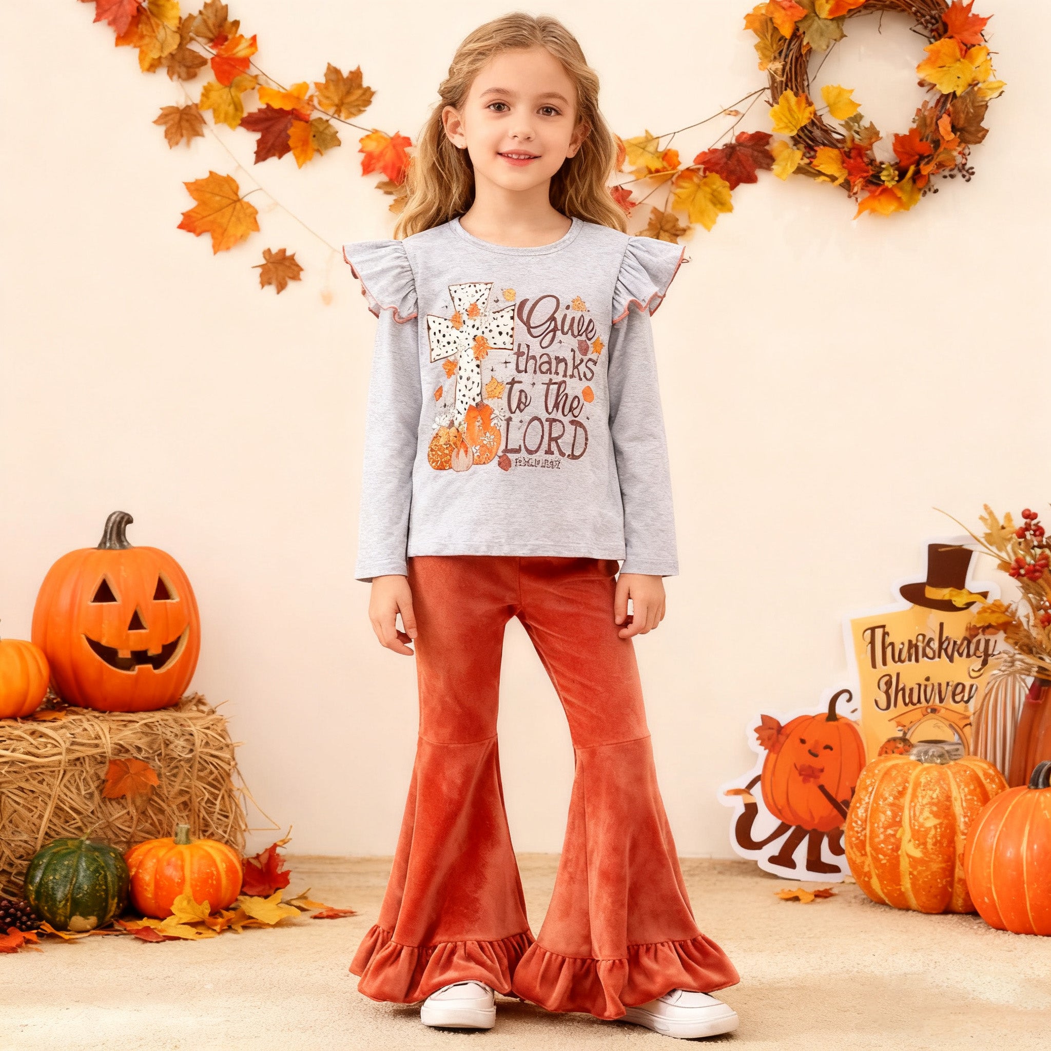 （In Stock）Girls Thanksgiving Pumpkin Print Cotton Velvet Pants Set