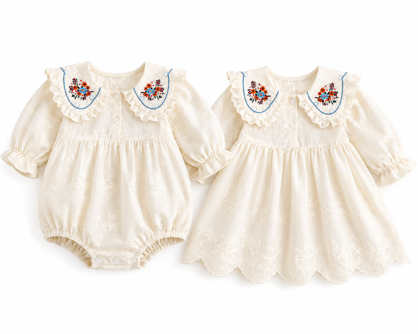 （In Production）Sisters Fall Floral Embroidery Lace Ruffle Dress&Romper
