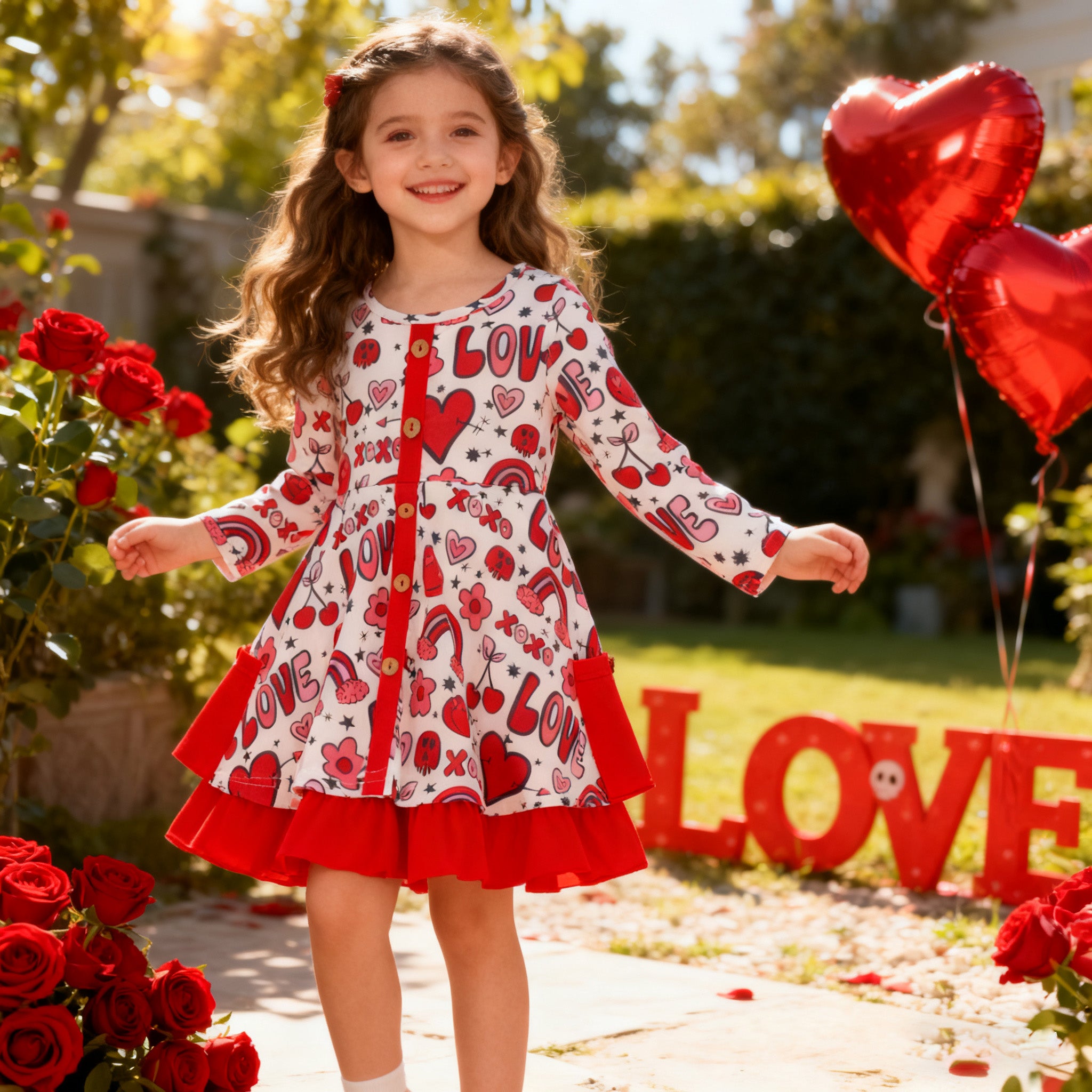 （In Stock）Girls Valentine's Day Print Dress with Pockets