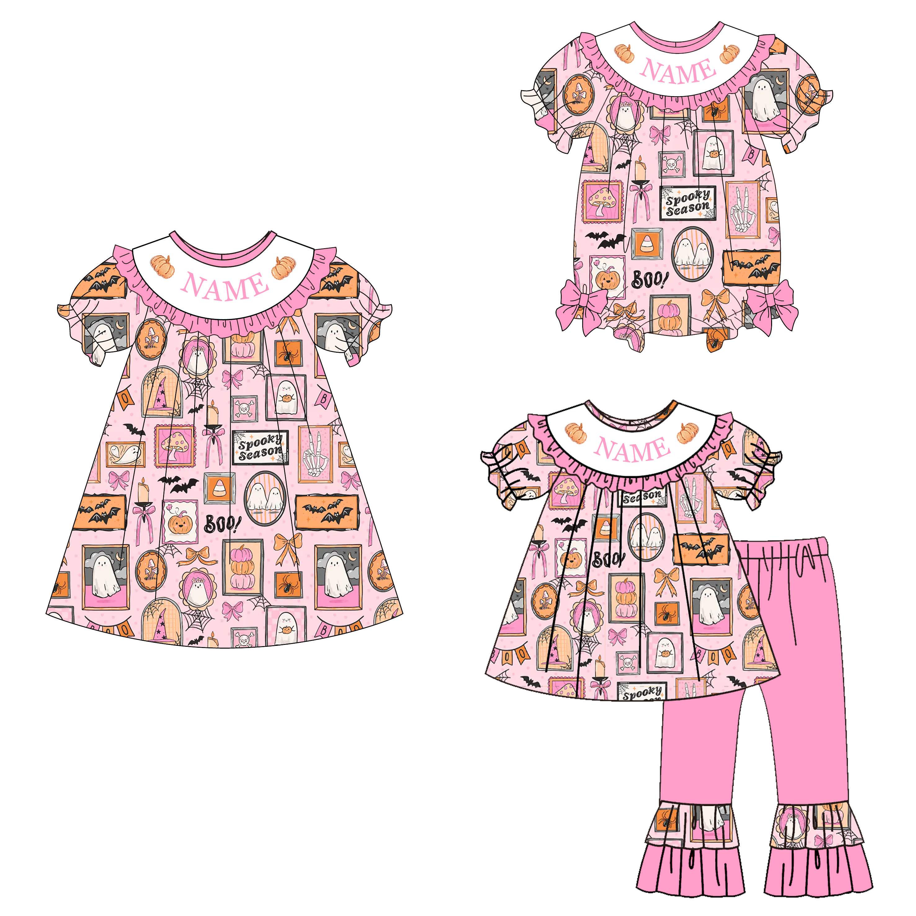 （Pre Order）Girls Halloween Embroidery Smocked Dress,Set&Romper