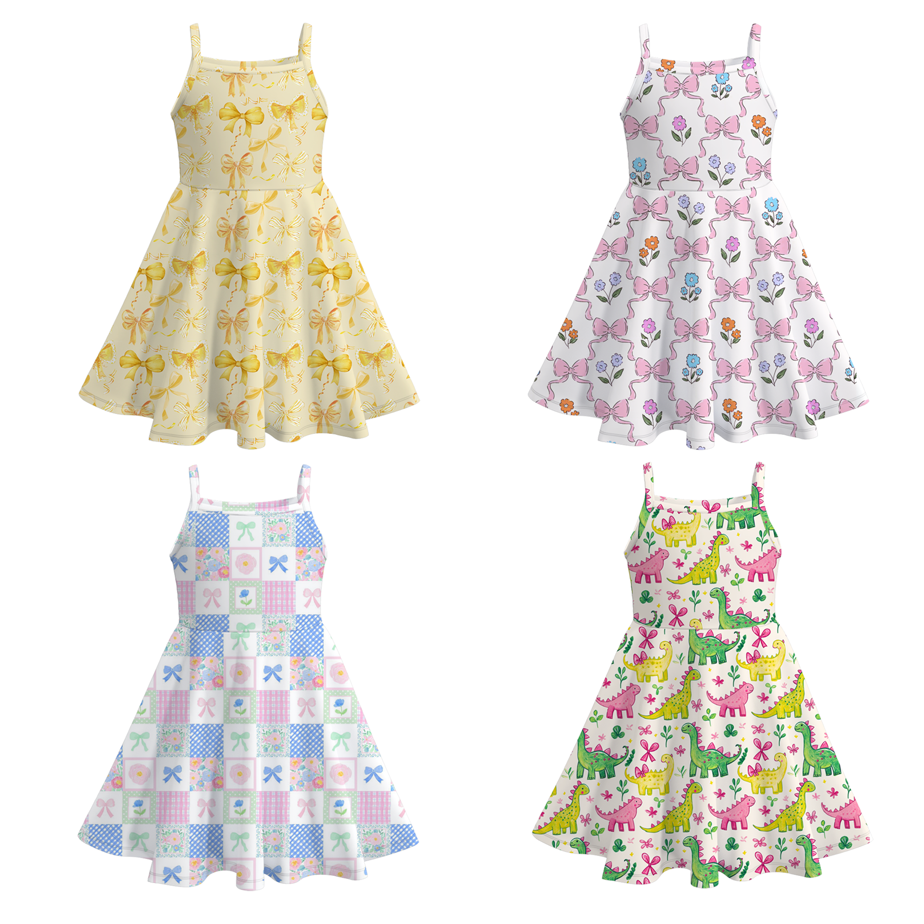 （Pre Order）Girls Spring and Summer Bow＆Dinosaur Print Slip Dress