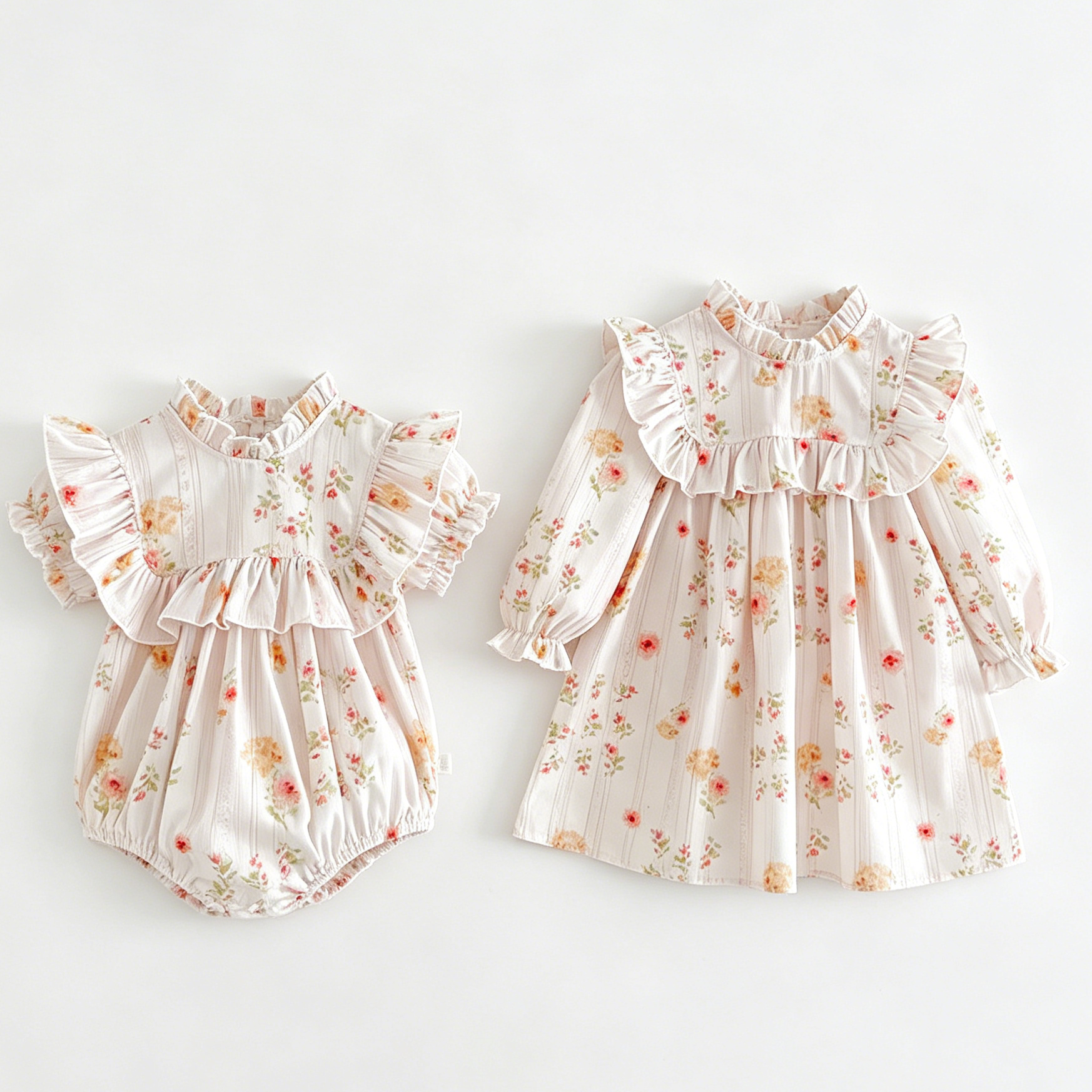 （In Production）Sisters Fall Floral Print Ruffle Dress&Romper