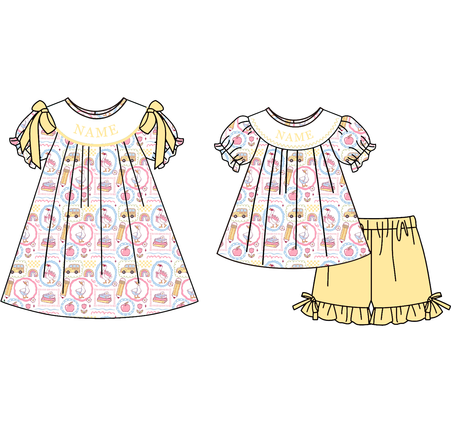 （Pre Order）Girls Summer Back To School Embroidery Smocked Dress&Set