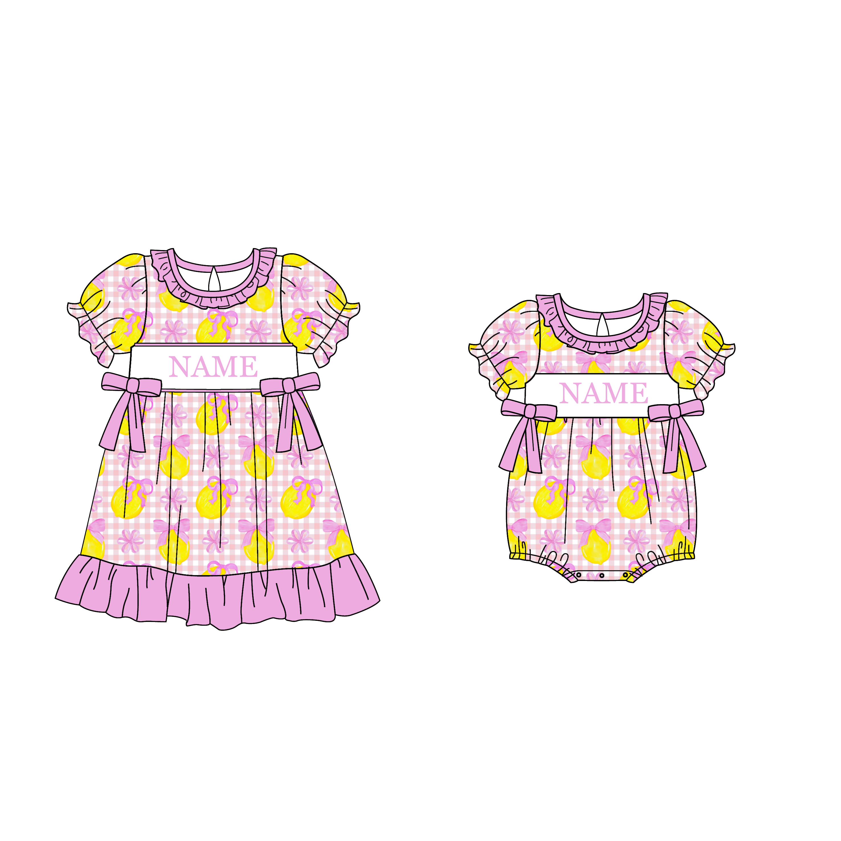 （Pre Order）Sisters Spring&Summer Lemon Embroidery Smocked Dress,Set&Romper-Customized name