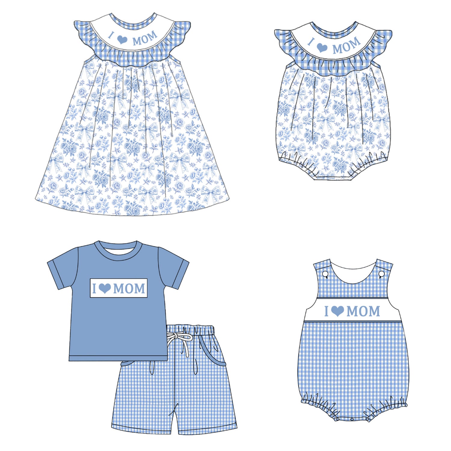 （Pre Order）Siblings I♥MOM Embroidery Smocked Dress,Set&Romper