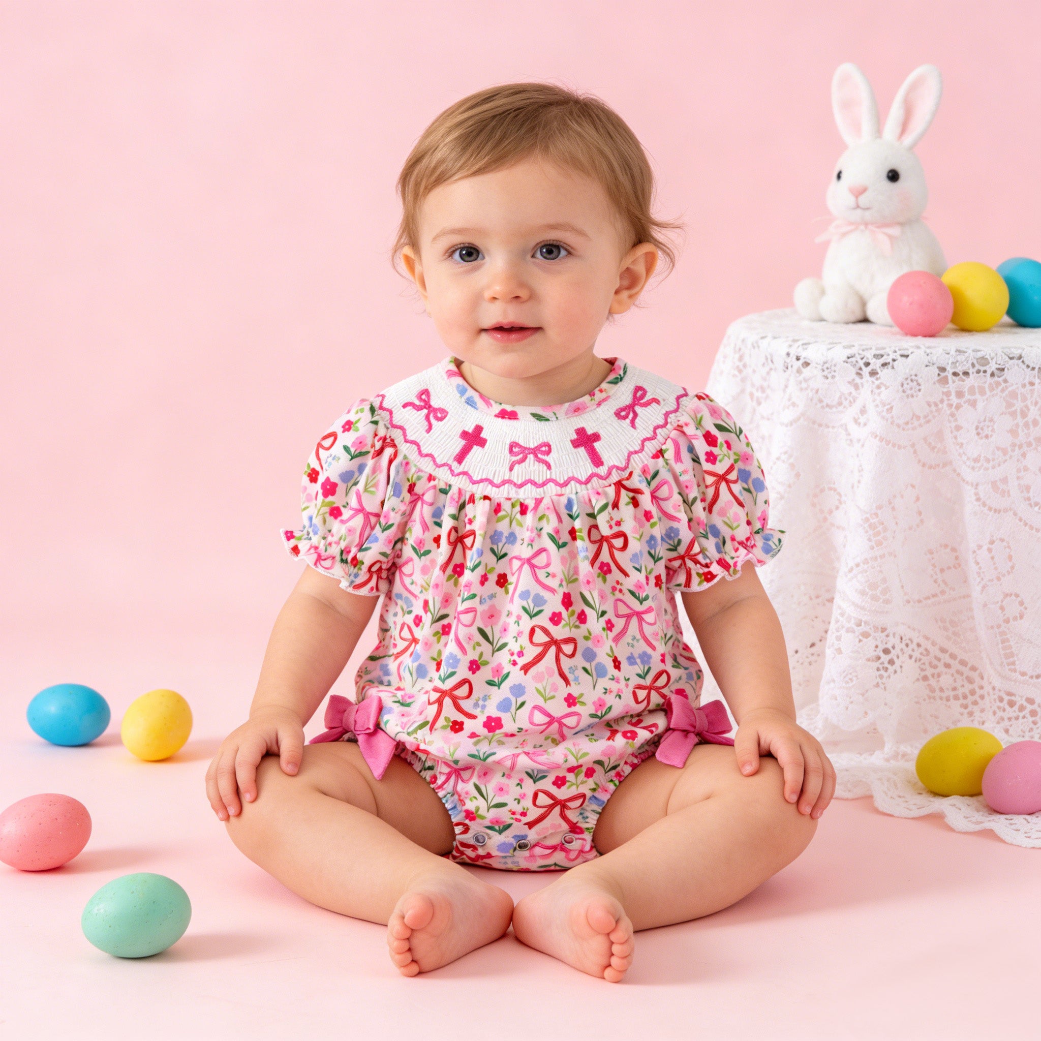 （In Stock）Toddler Girls Easter Cross Embroidery Smocked Romper