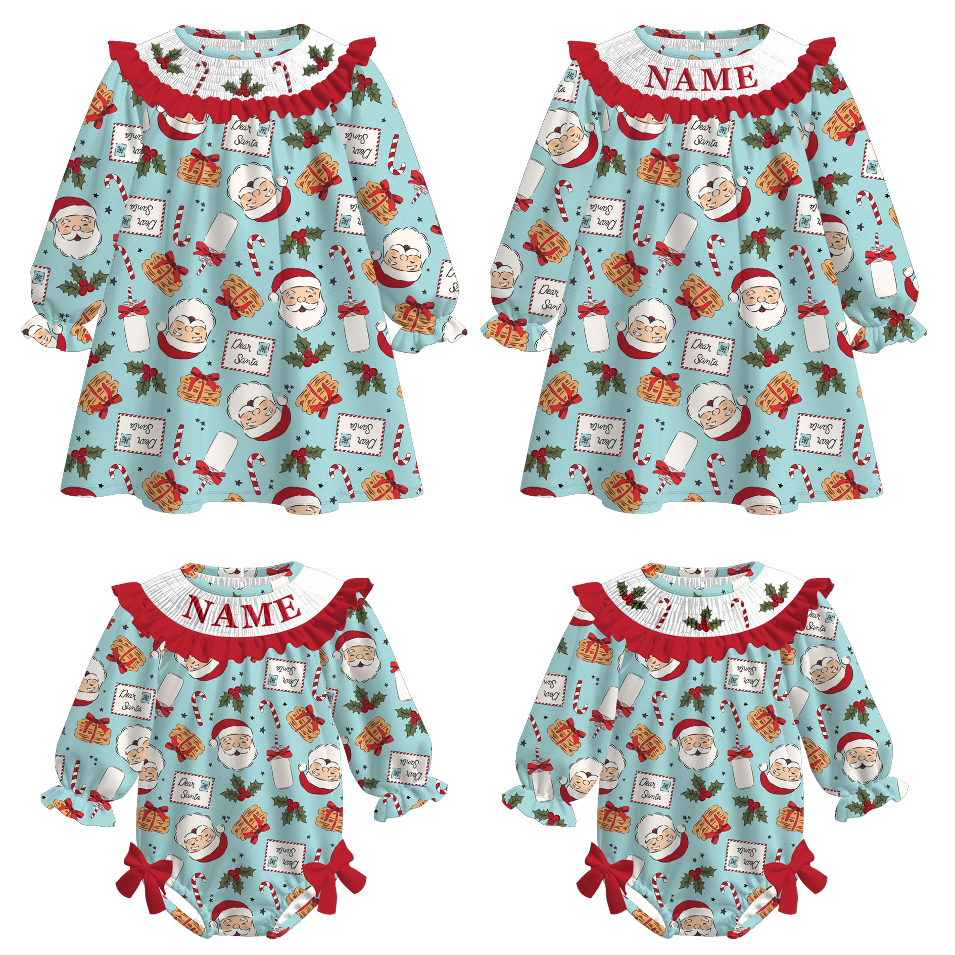 （Pre Order）Sisters Christmas Santa Claus Embroidery Smocked Dress＆Romper
