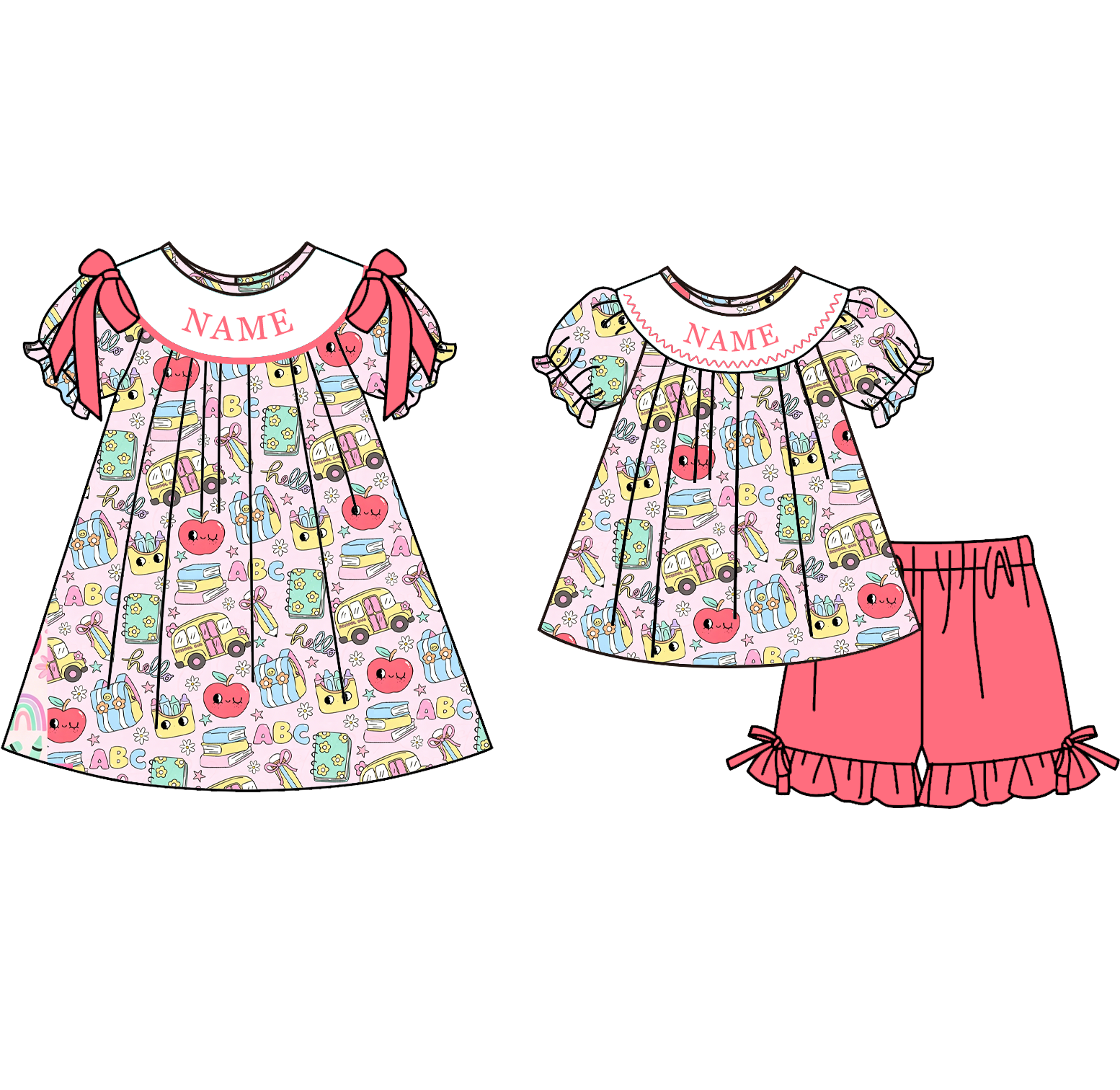 （Pre Order）Girls Summer Back To School Embroidery Smocked Dress&Set