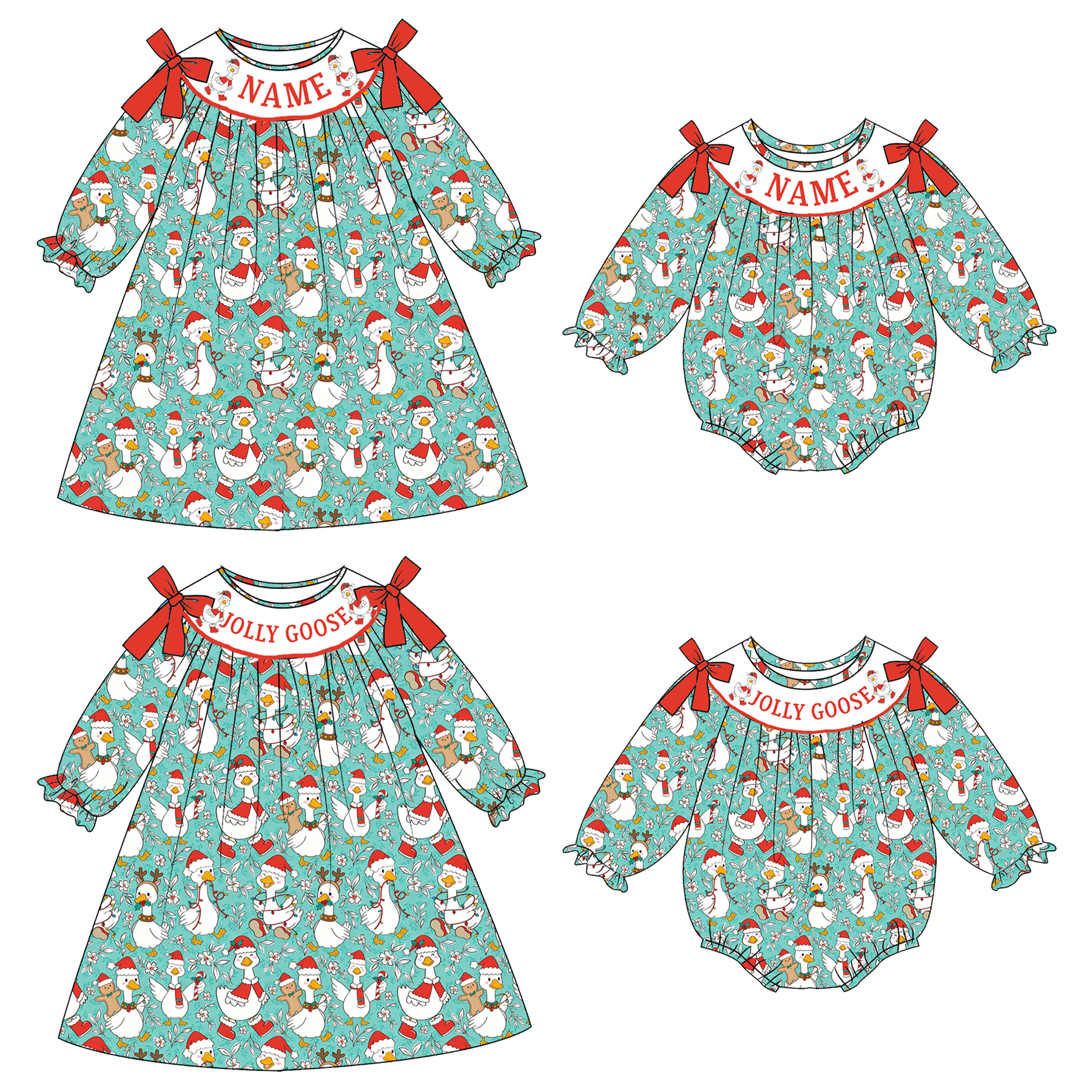 （Pre Order）Girls Christmas Goose Embroidery Smocked Dress&Romper-Customized name