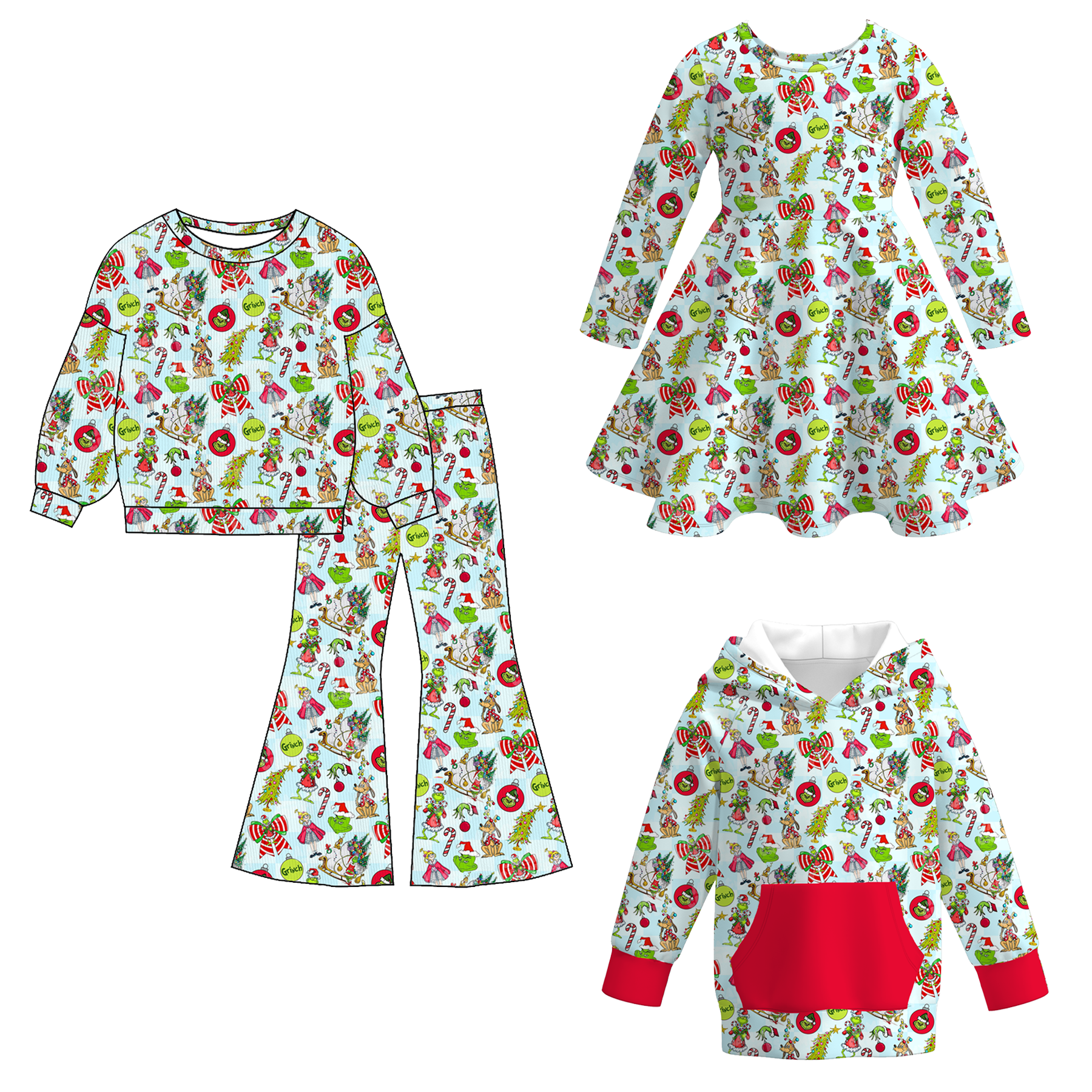 （Pre Order）Girls Christmas Cartoon Print Dress,Set&Top