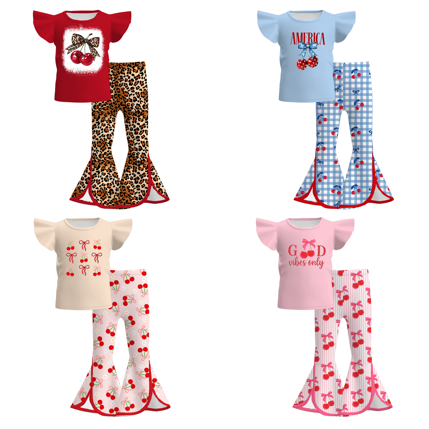 （Pre Order）Girls Spring and Summer Cherry Print Outfit Set