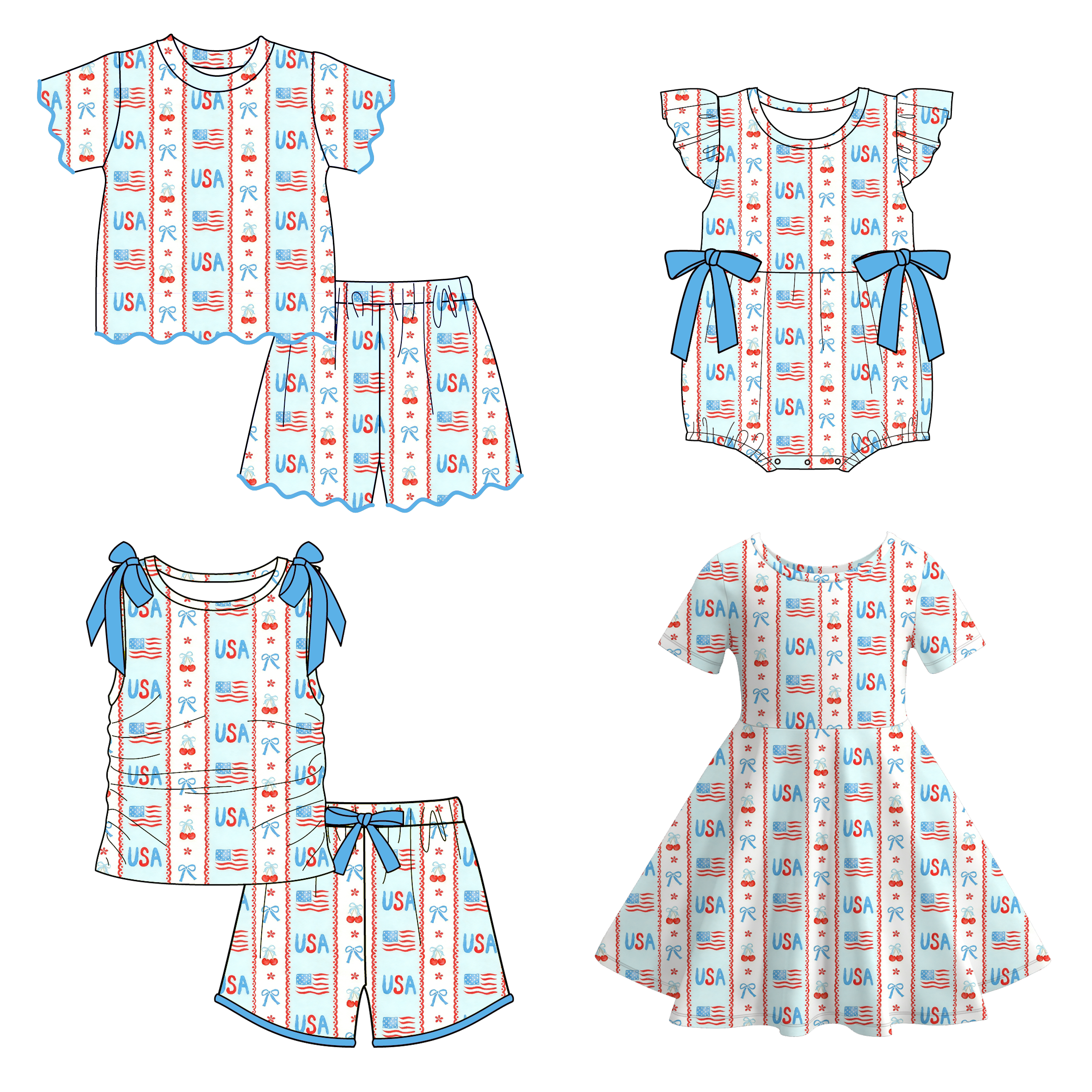 （Pre Order）Family Summer Patriotic Print Dress,Set&Romper