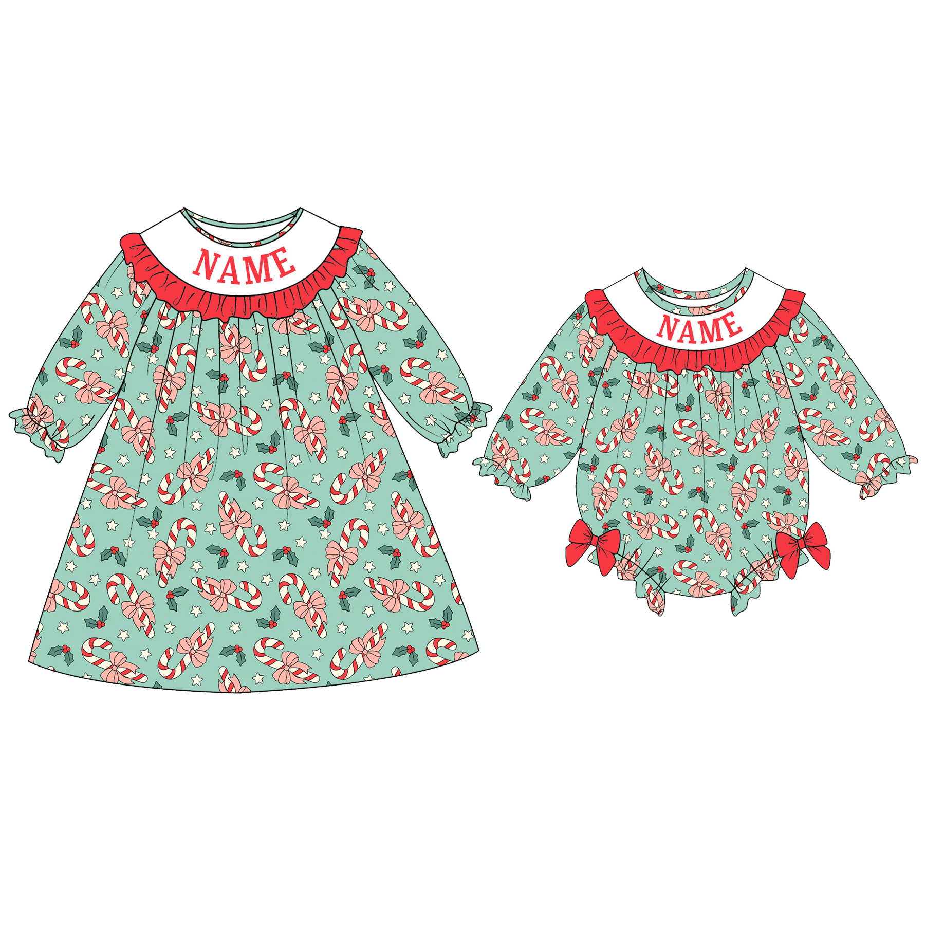 （Pre Order）Sisters Christmas Candy Cane Embroidery Smocked Dress&Romper