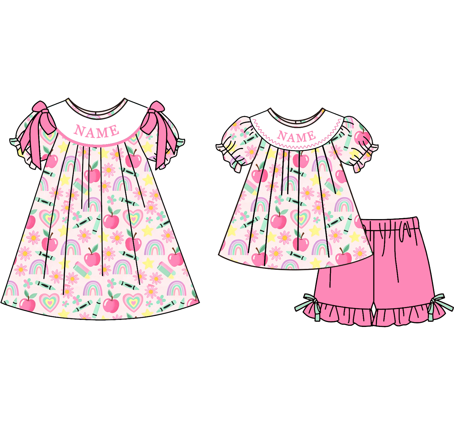 （Pre Order）Girls Summer Back To School Embroidery Smocked Dress&Set