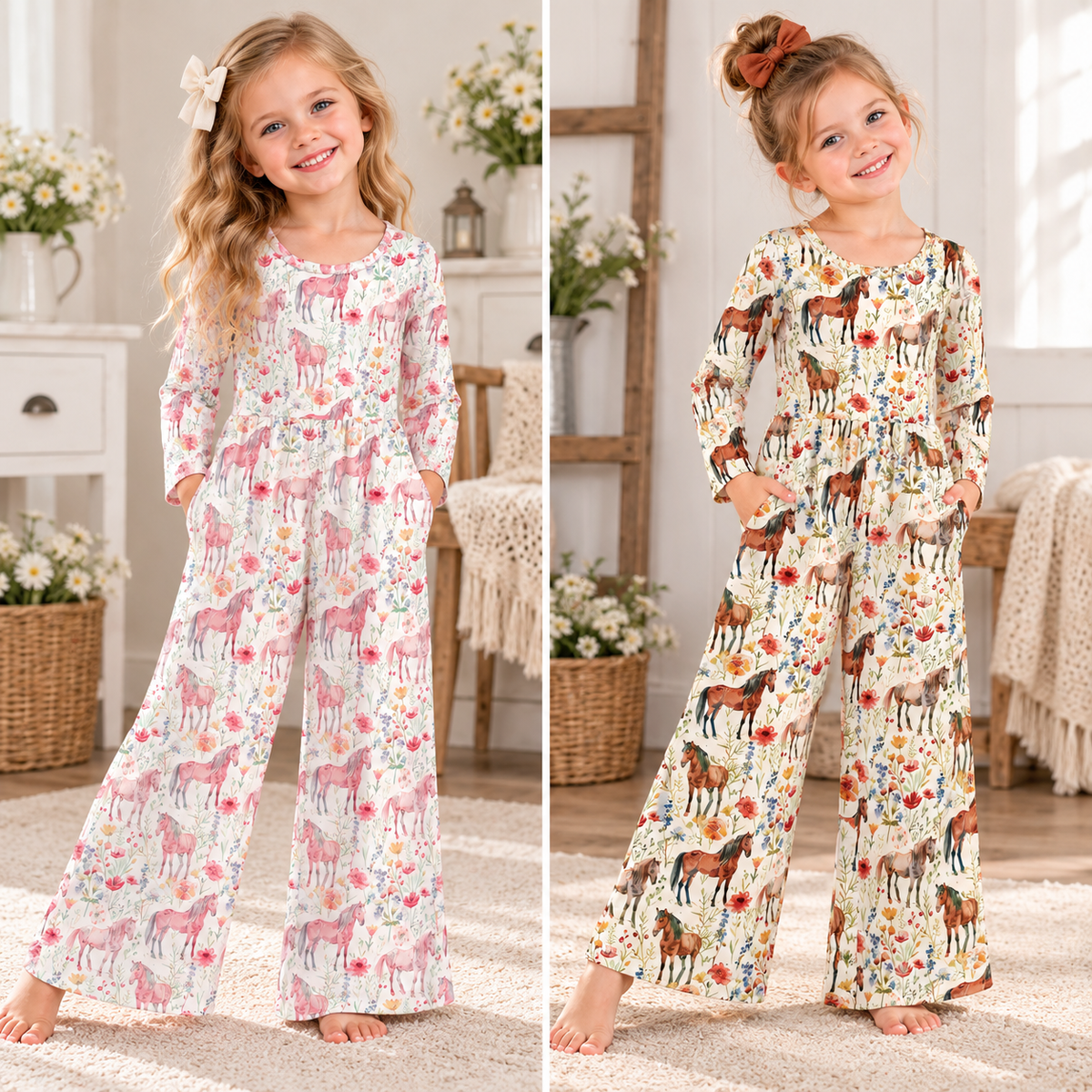 Two girls side by side wearing the jumpsuit in pink pony and brown horse floral prints