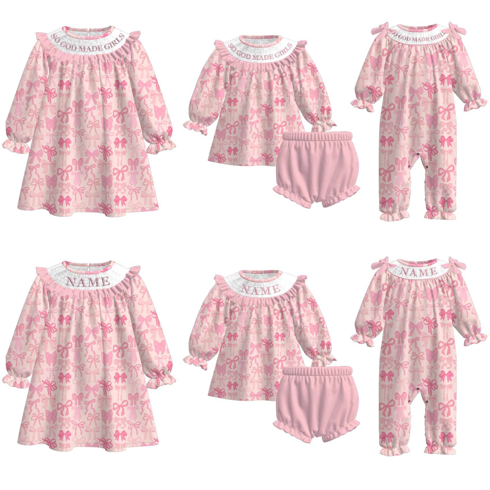 （Pre Order）Sisters Christmas Pink Bow Embroidery Smocked Dress＆Romper