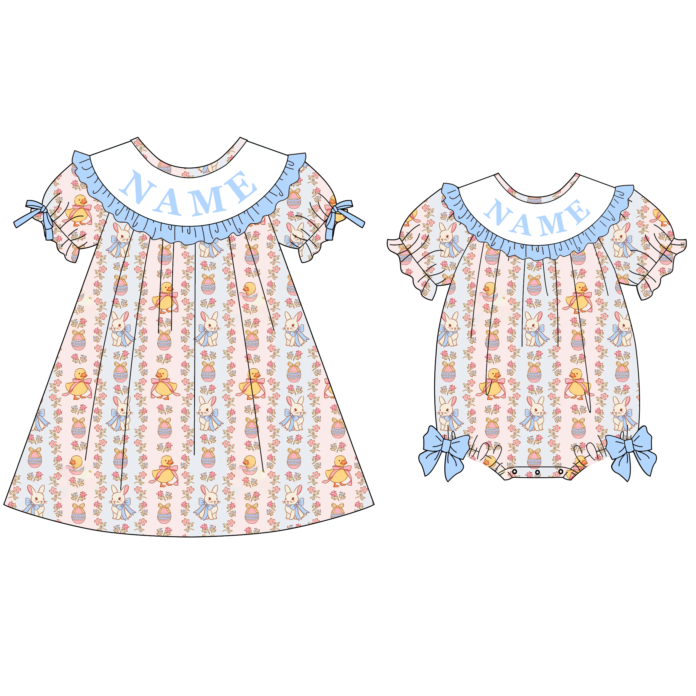 （Pre Order）Sisters Easter Bunny Embroidery Smocked Dress&Romper - Customized name