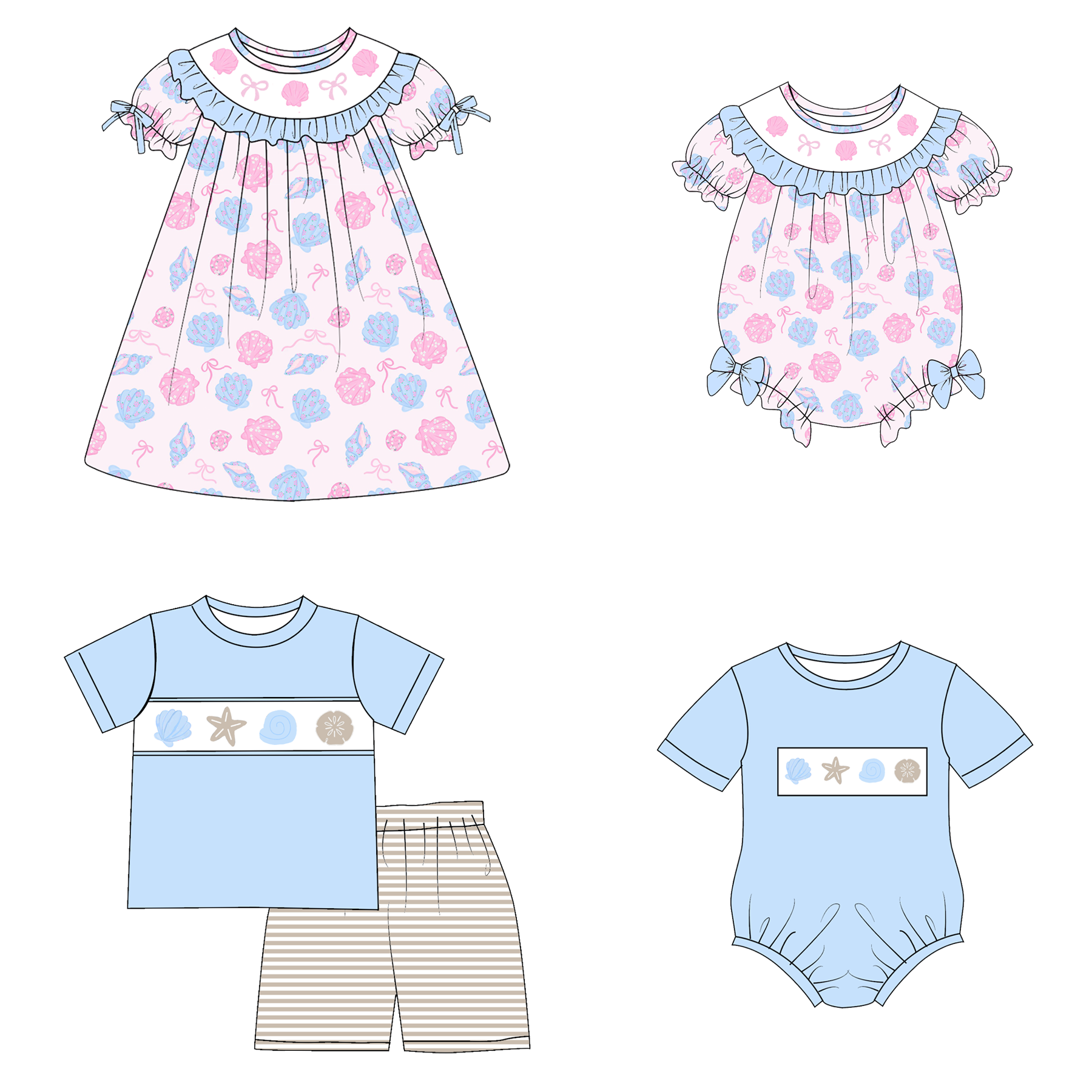 （Pre Order）Siblings Summer Seaside Embroidery Smocked Dress,Set&Romper