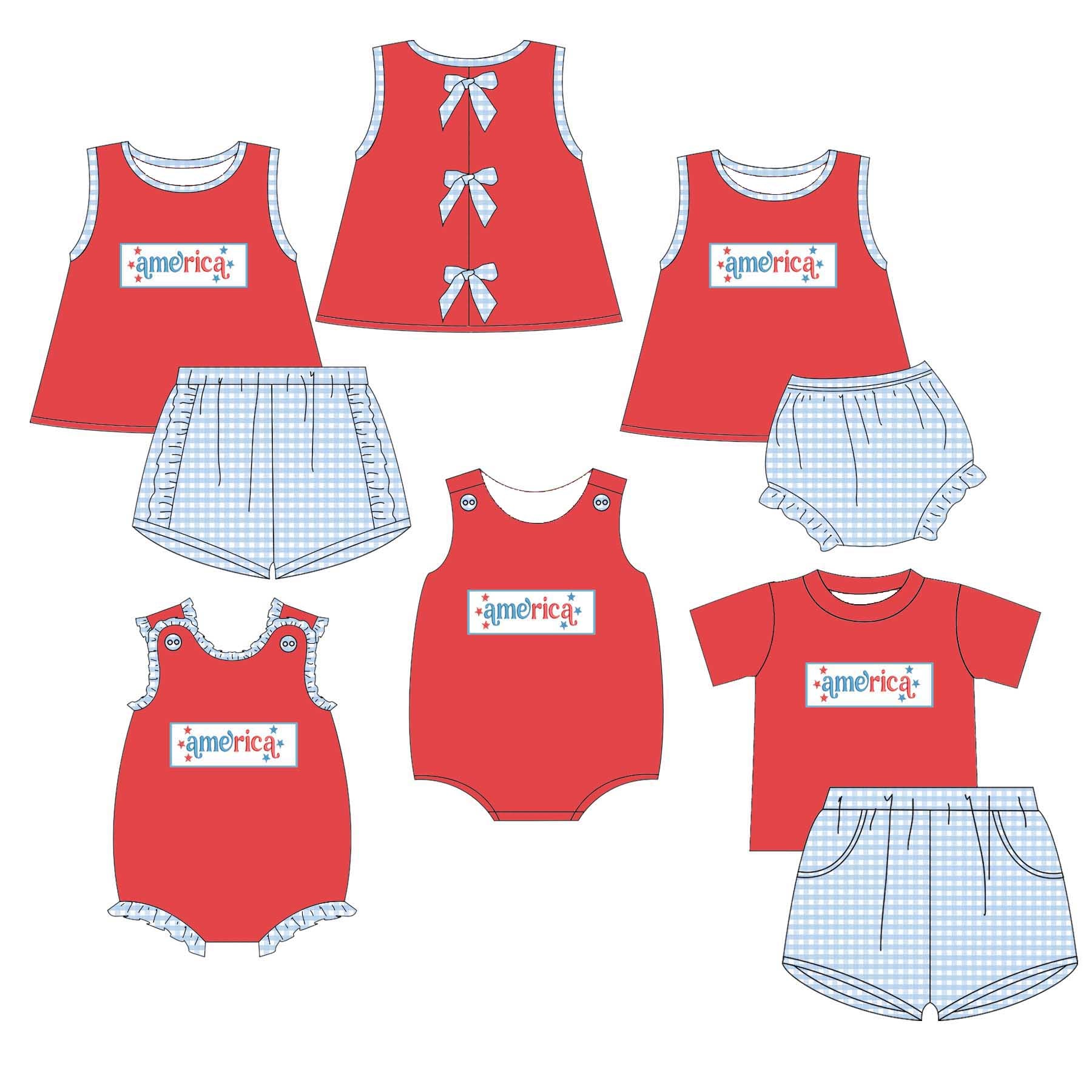 （Pre Order）Siblings Patriotic America Embroidery Smocked Set&Romper-Customized name