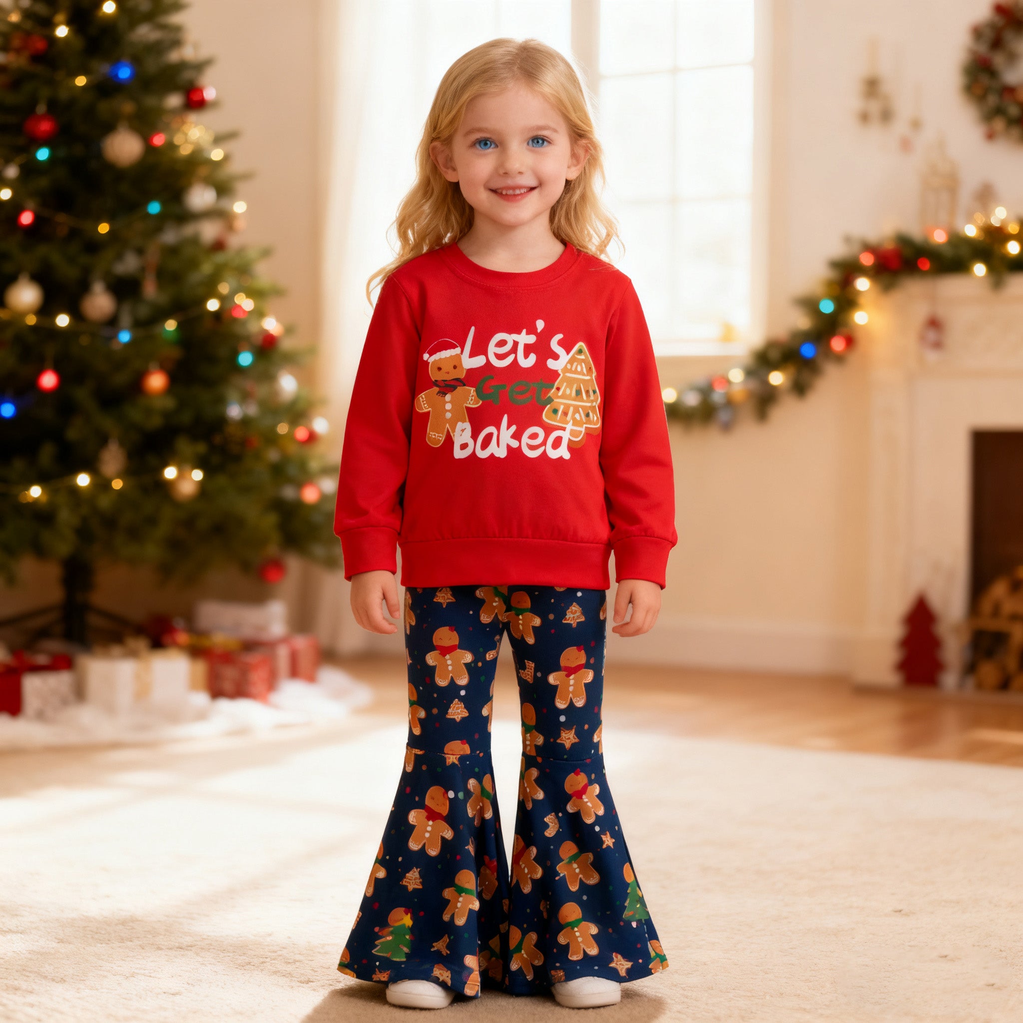 （In Stock）Girls Christmas Gingerbread Print Sweatshirt Set