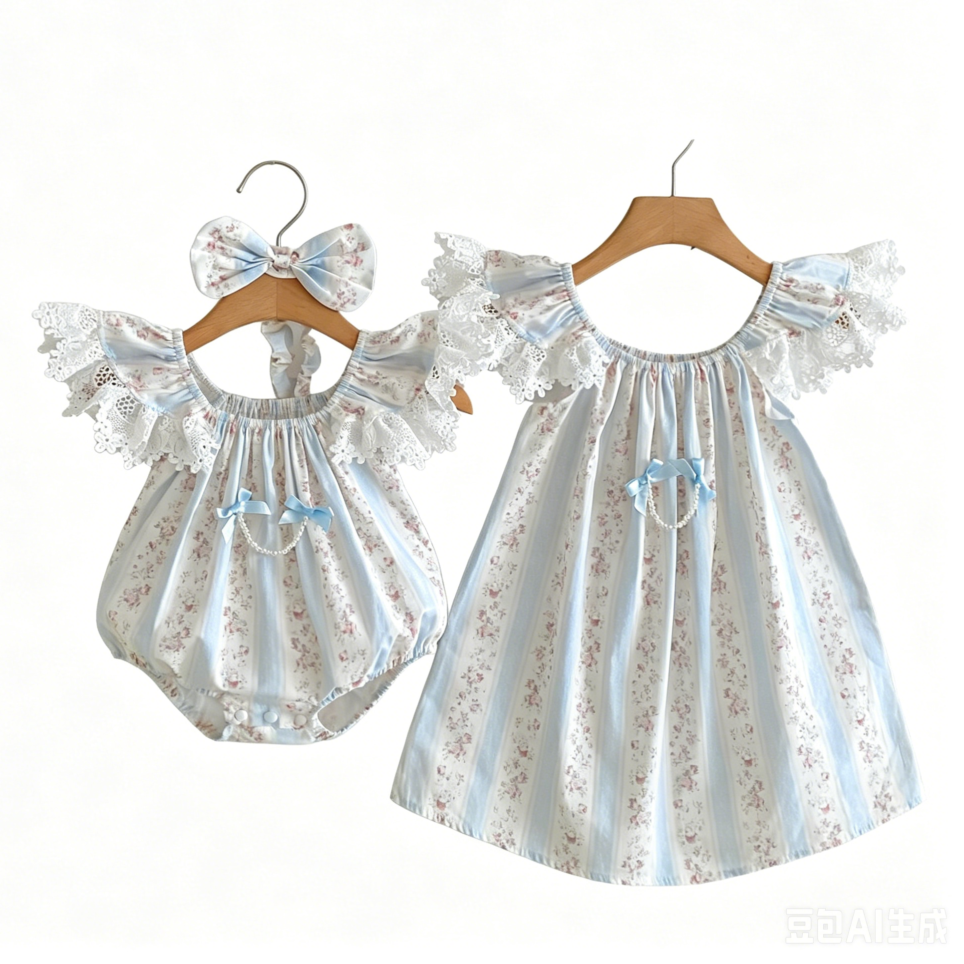 （In Production）Sisters Summer Floral Print Lace Ruffle Dress&Romper