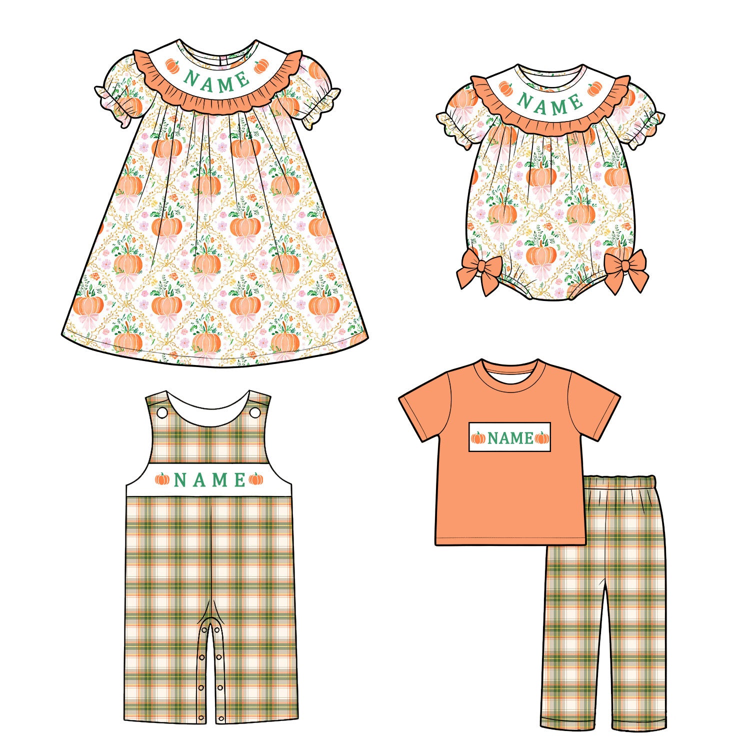 （Pre Order）Siblings Pumpkin Embroidery Smocked Dress,Set&Romper