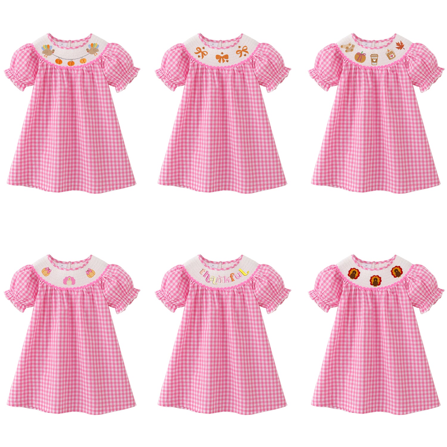 （Pre Order）Girls Pink Plaid Thanksgiving Embroidery Smocked Dress