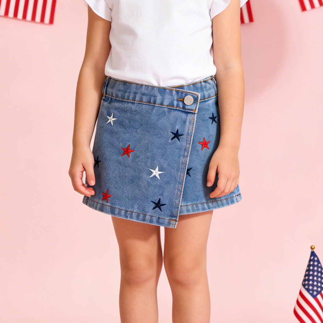 （In Stock）Girls Patriotic Star Embroidery Denim Skort
