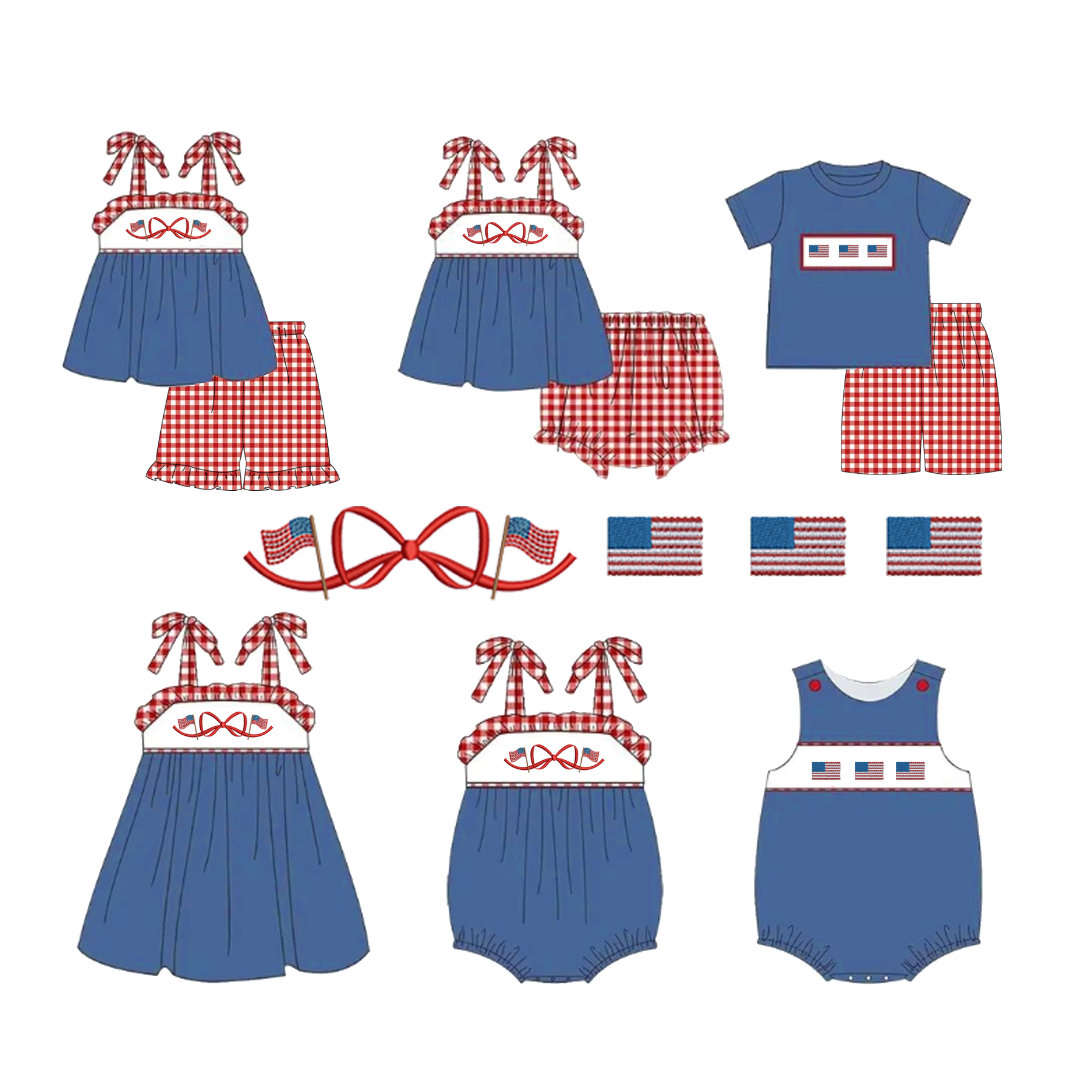 （Pre Order）Siblings Patriotic Embroidery Dress,Romper＆Set