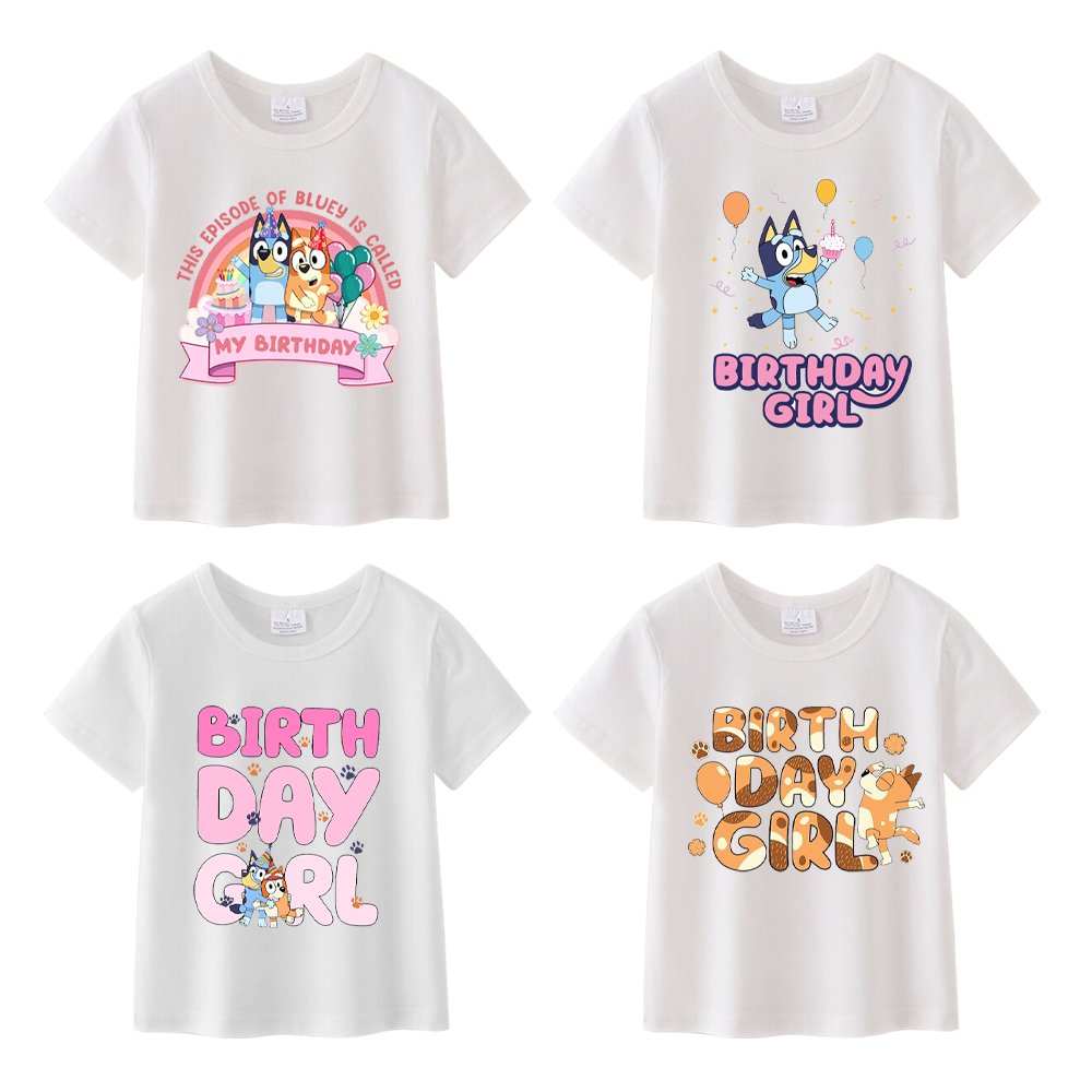 Girls Cotton Birthday Cartoon Print White T-shirt