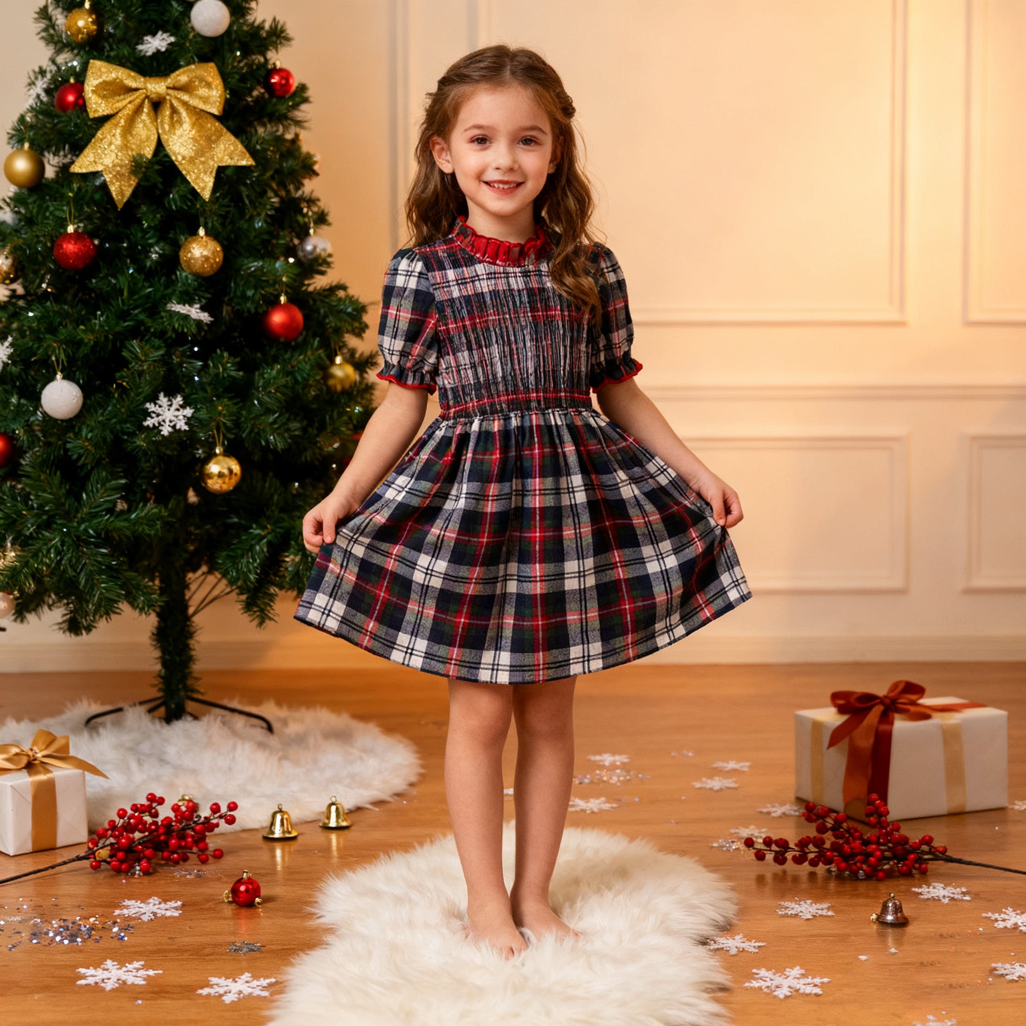 （In Stock）Girls Christmas Plaid Pattern Smocked Dress