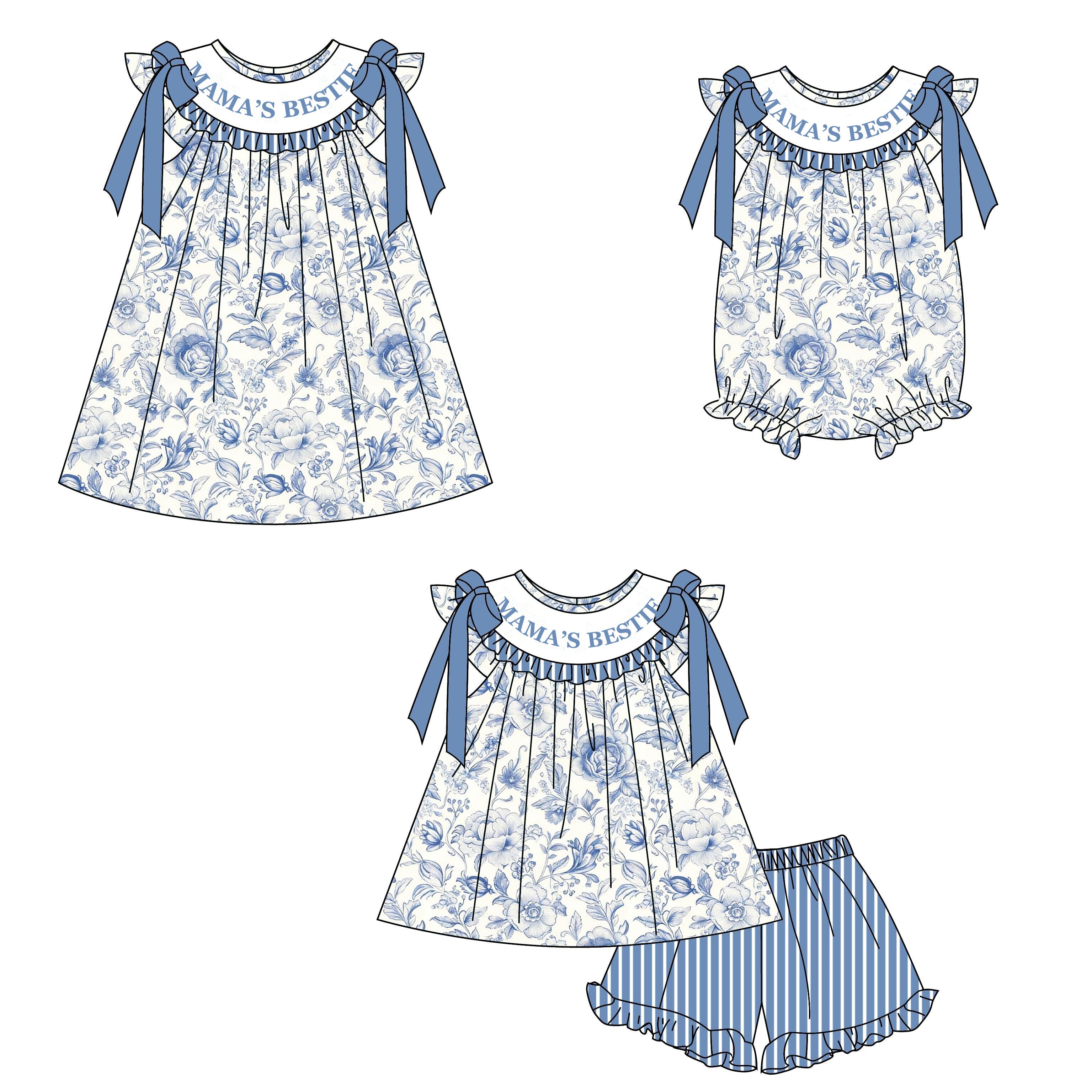 （Pre Order）Sisters Spring&Summer“MAMA'S BESTIE”Embroidery Smocked Dress,Shorts Set&Romper