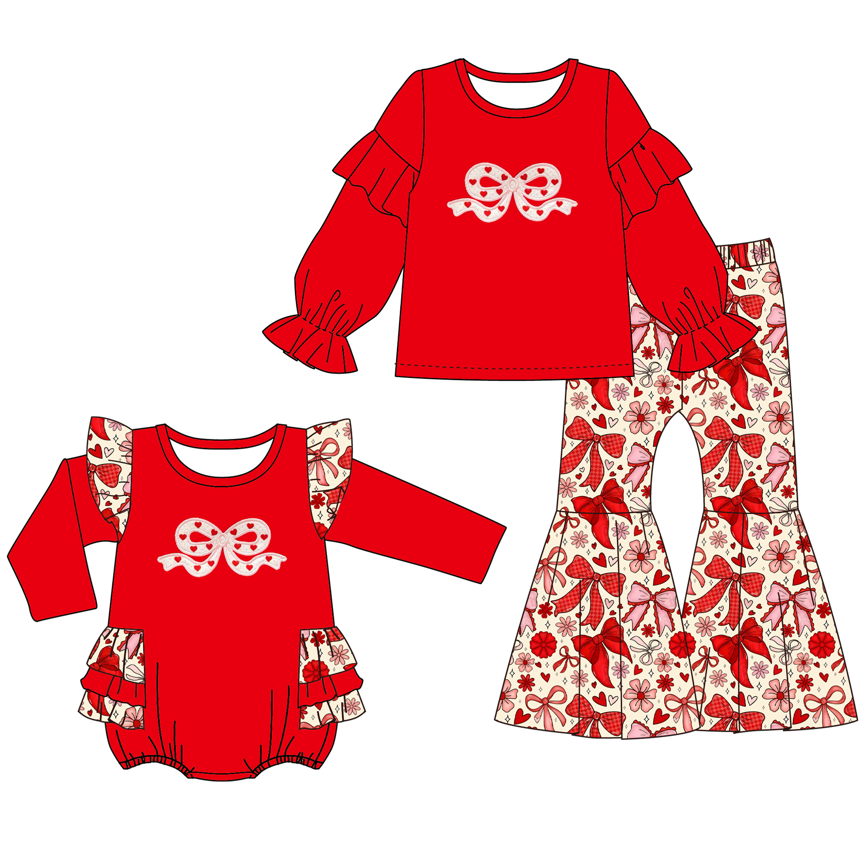 （Pre Order）Sisters Valentine's Day Bow Applique Set&Romper