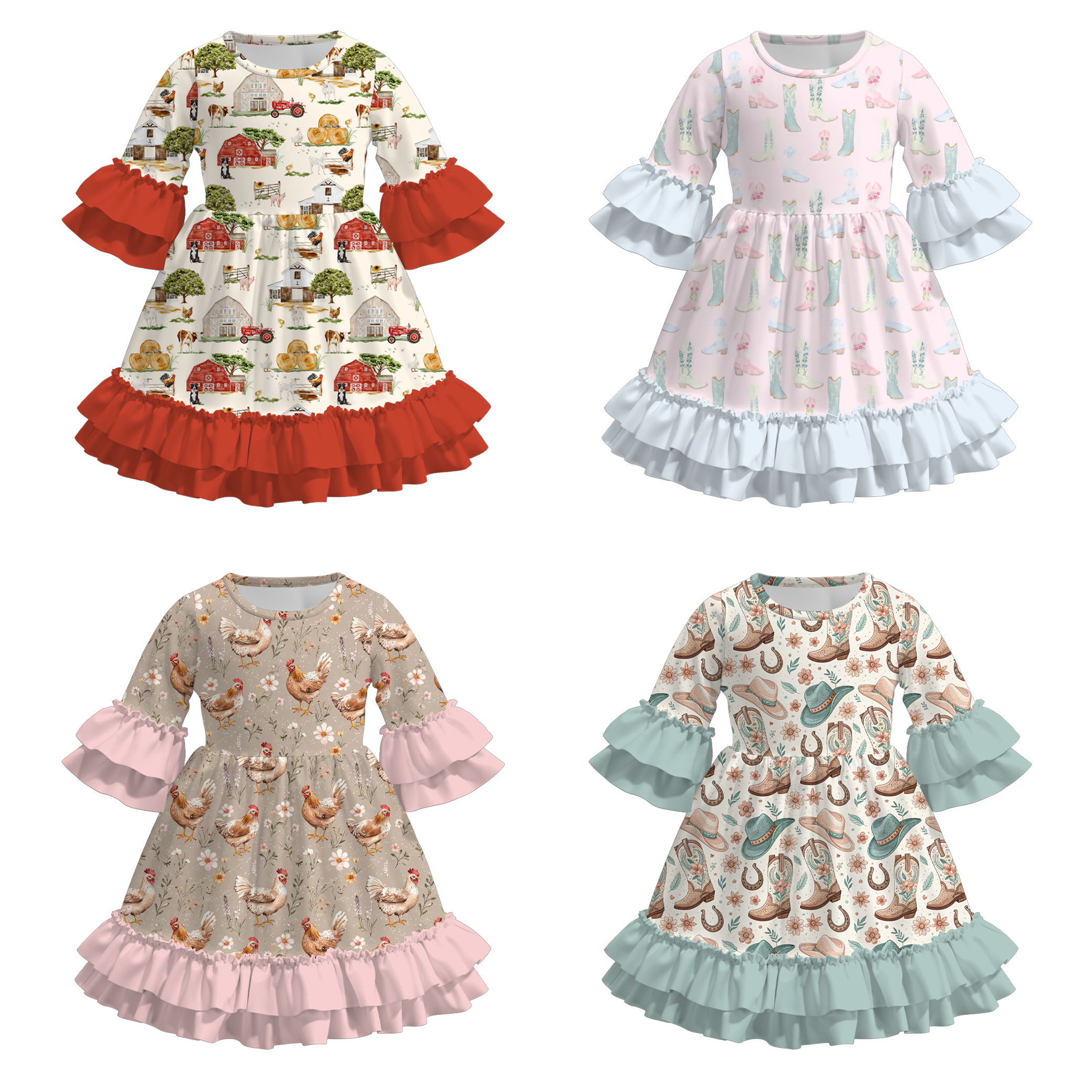 （Pre Order）Girls Fall Farm Chick&Boots Print Ruffle Dress