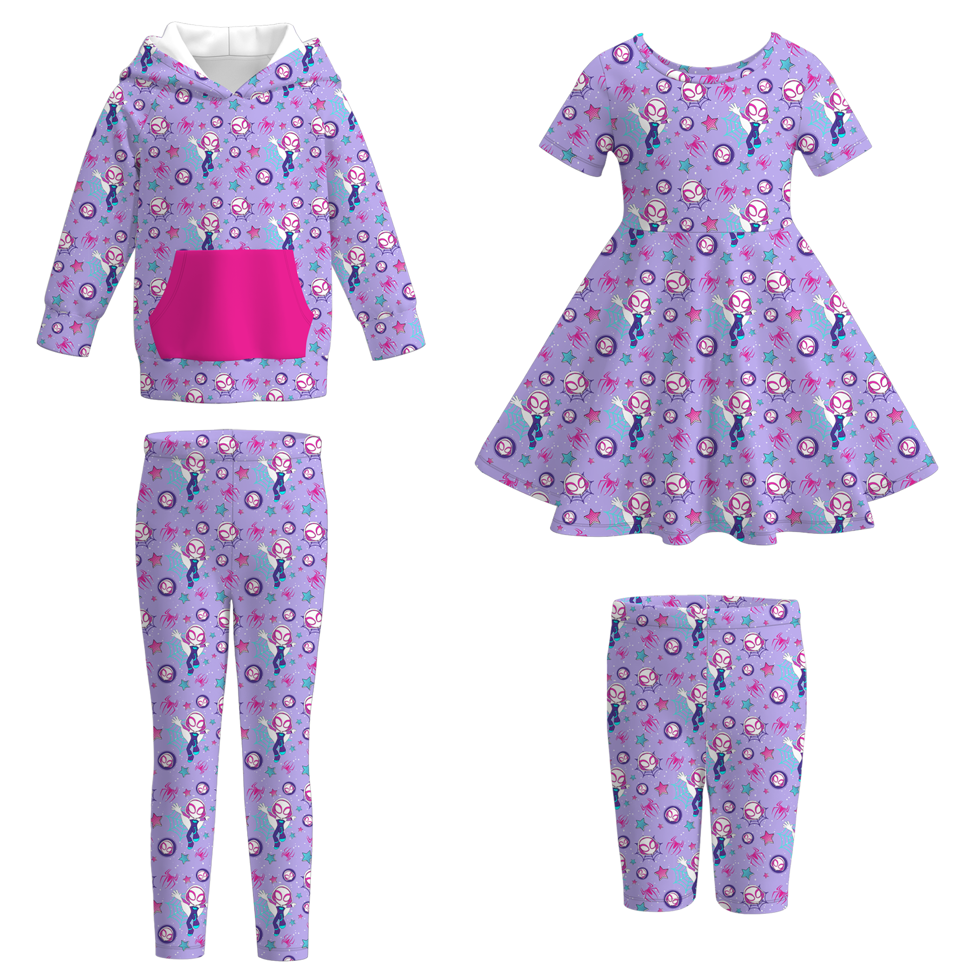 （Pre Order）Girls Spring&Summer Cartoon Spider Print Dress,Top&Pants