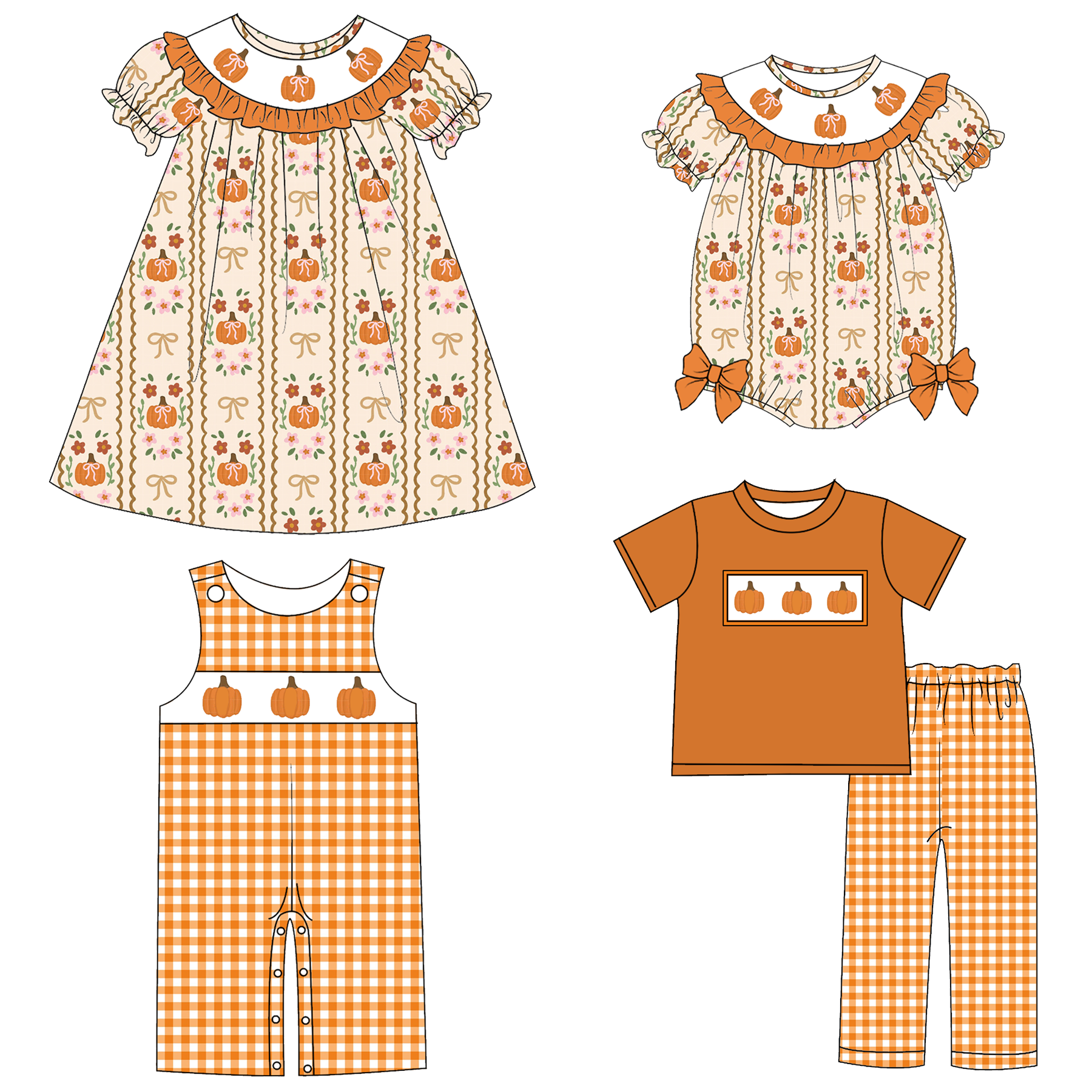（Pre Order）Sibling Halloween Pumpkin Embroidery Smocked Dress,Romper＆Set