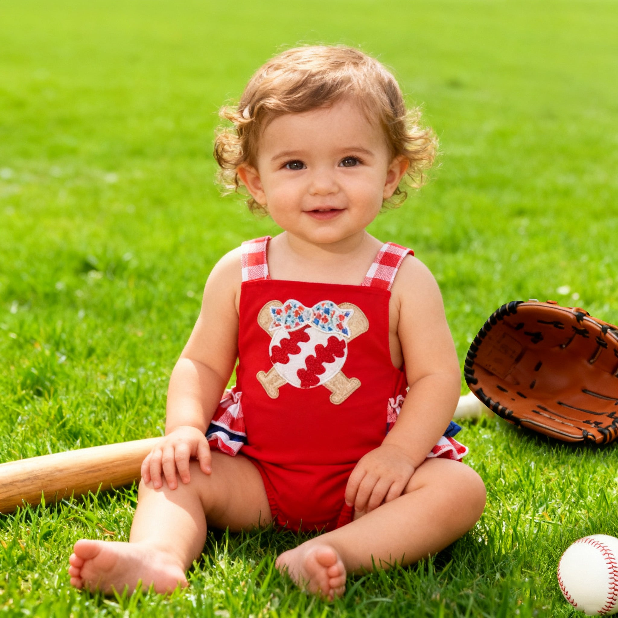 （In Stock）Toddler Girls Spring and Summer Baseball Applique Romper