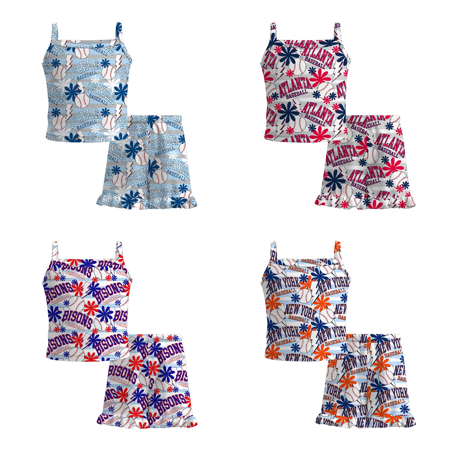 （Pre Order）Girls Spring and Summer Baseball Print Shorts Set