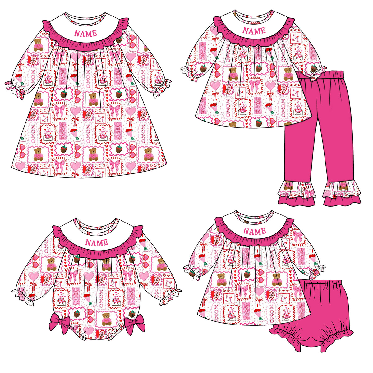 （Pre Order）Sisters Valentine's Day Embroidery Smocked Dress,Set&Romper