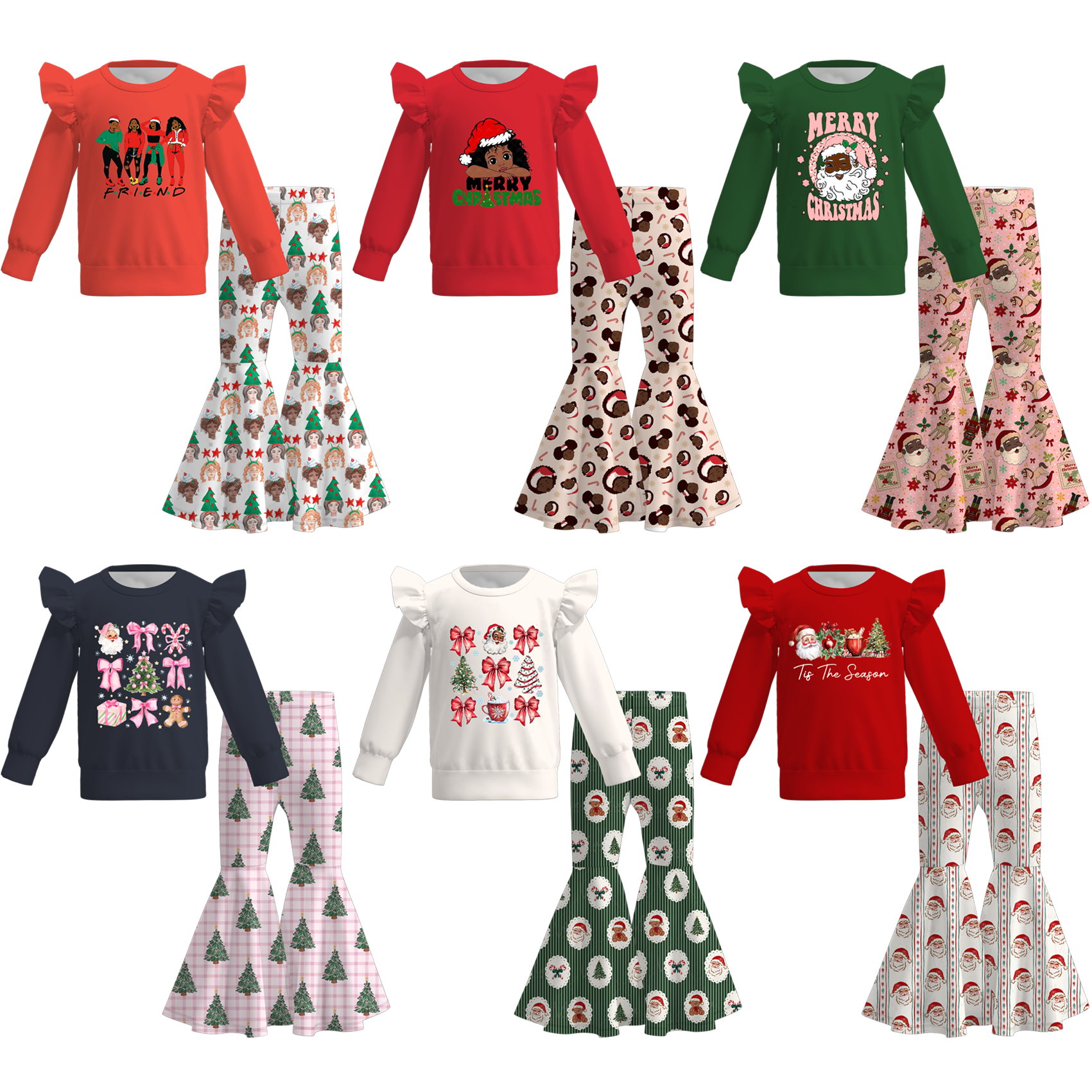 （Pre Order）Girls Christmas Print Ruffle Sweatshirt Set