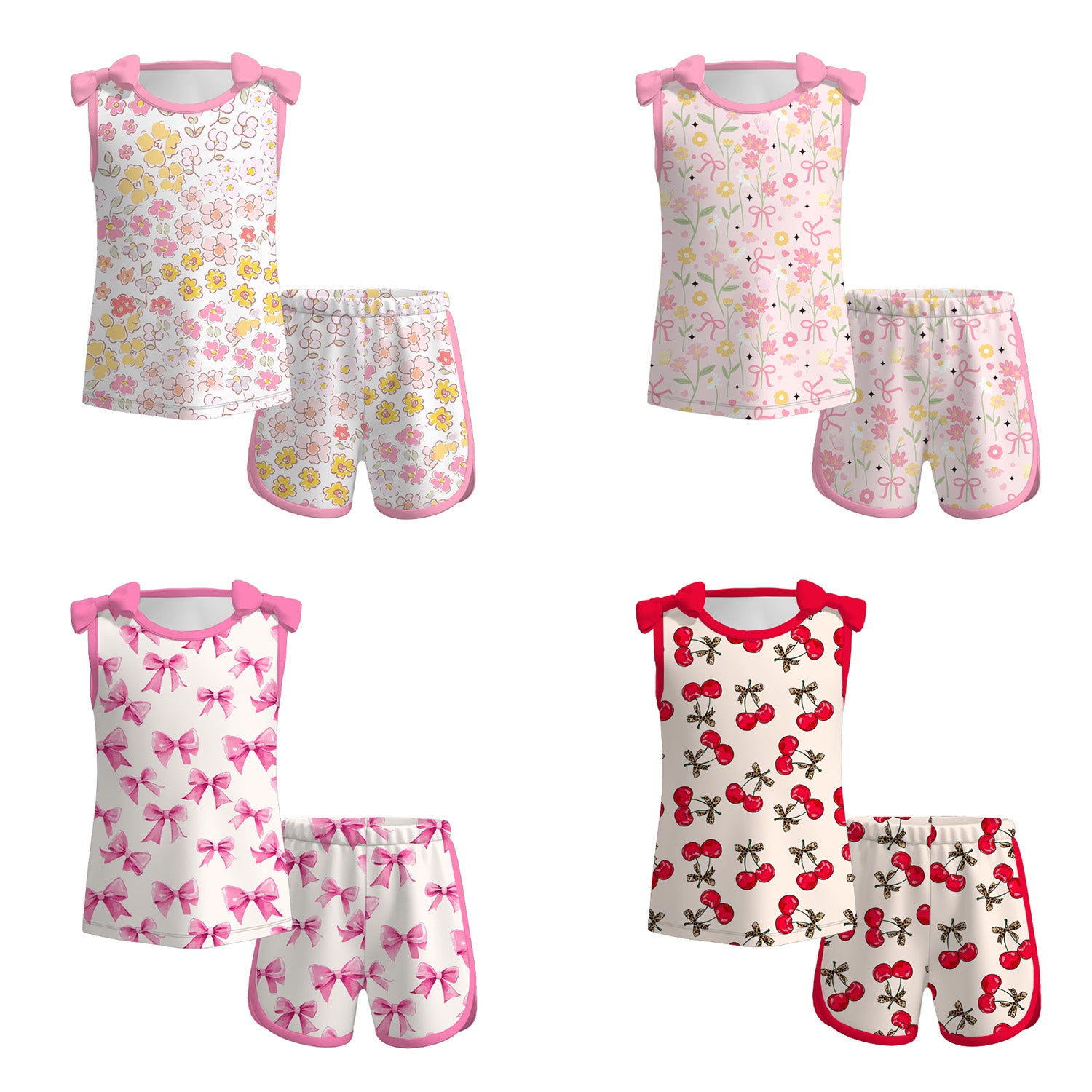 （Pre Order）Girls Spring and Summer Bow,Floral＆Cherry Print Shorts Set
