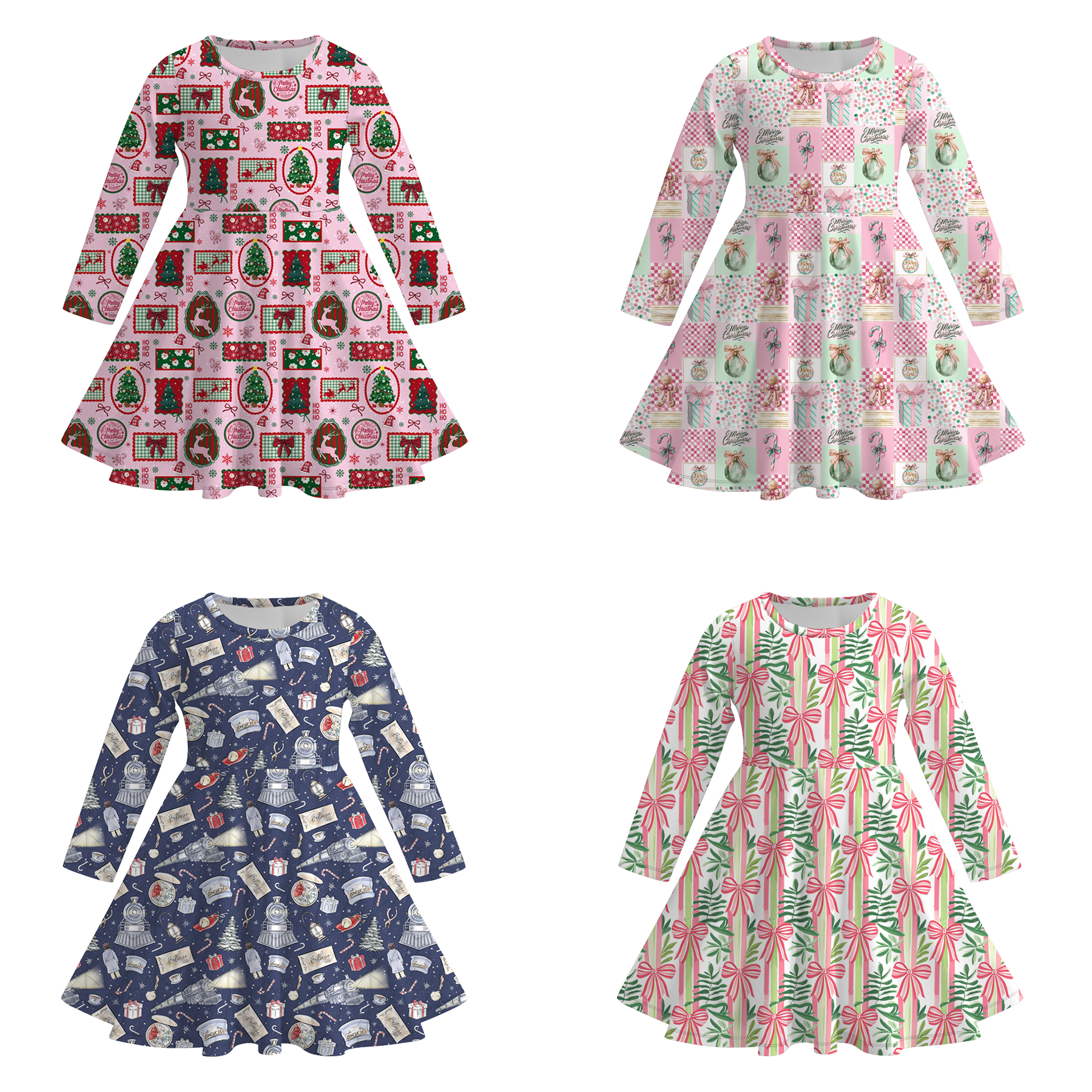 （Pre Order）Girls Christmas Print Long Sleeves Dress