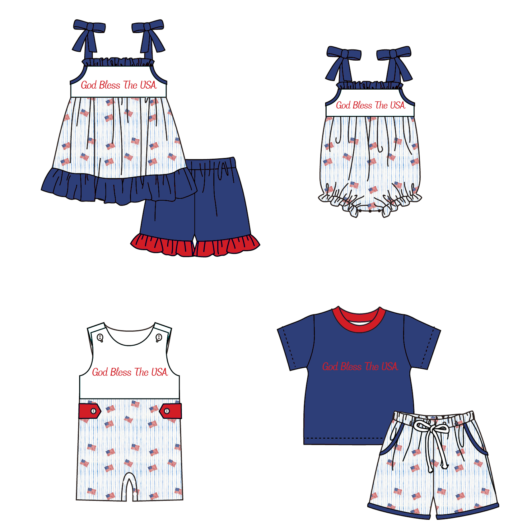 （Pre Order）Siblings Patriotic God Bless The USA Embroidery Smocked Set&Romper