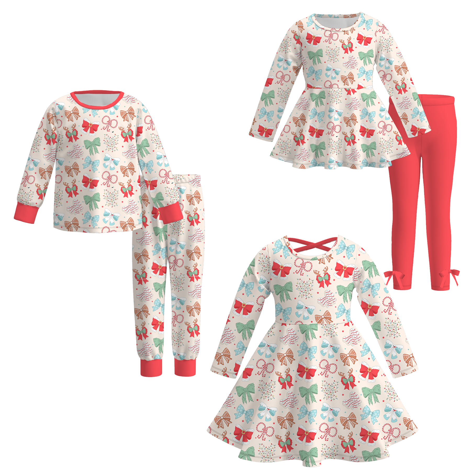 （Pre Order）Girls Christmas Bow Print Dress&Set