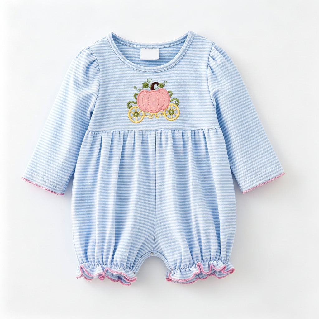 （In Stock）Toddler Girls Pumpkin Applique Cotton Romper