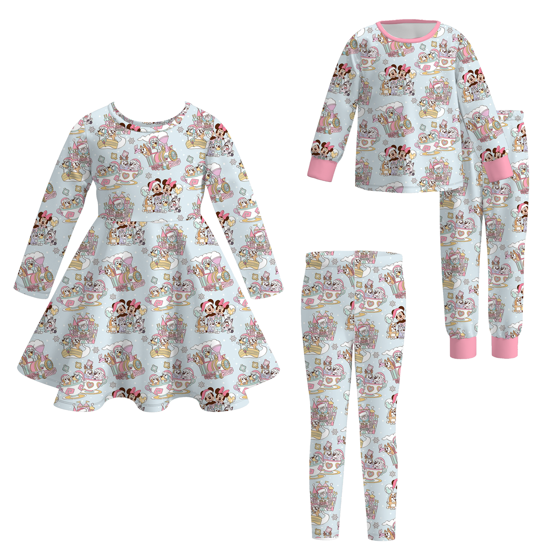 （Pre Order）Sisters Christmas Cartoon Print Dress,Pajamas＆Pants