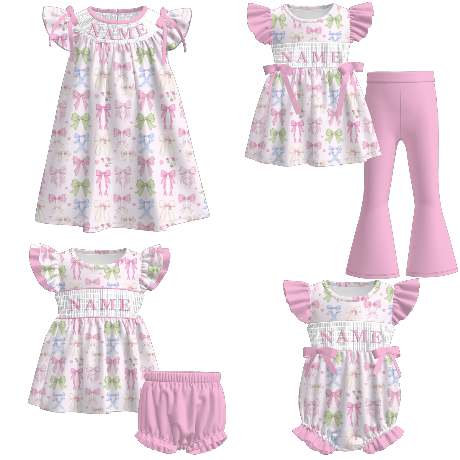 （Pre Order）Sisters Spring Bow Embroidery Smocked Dress,Set&Romper